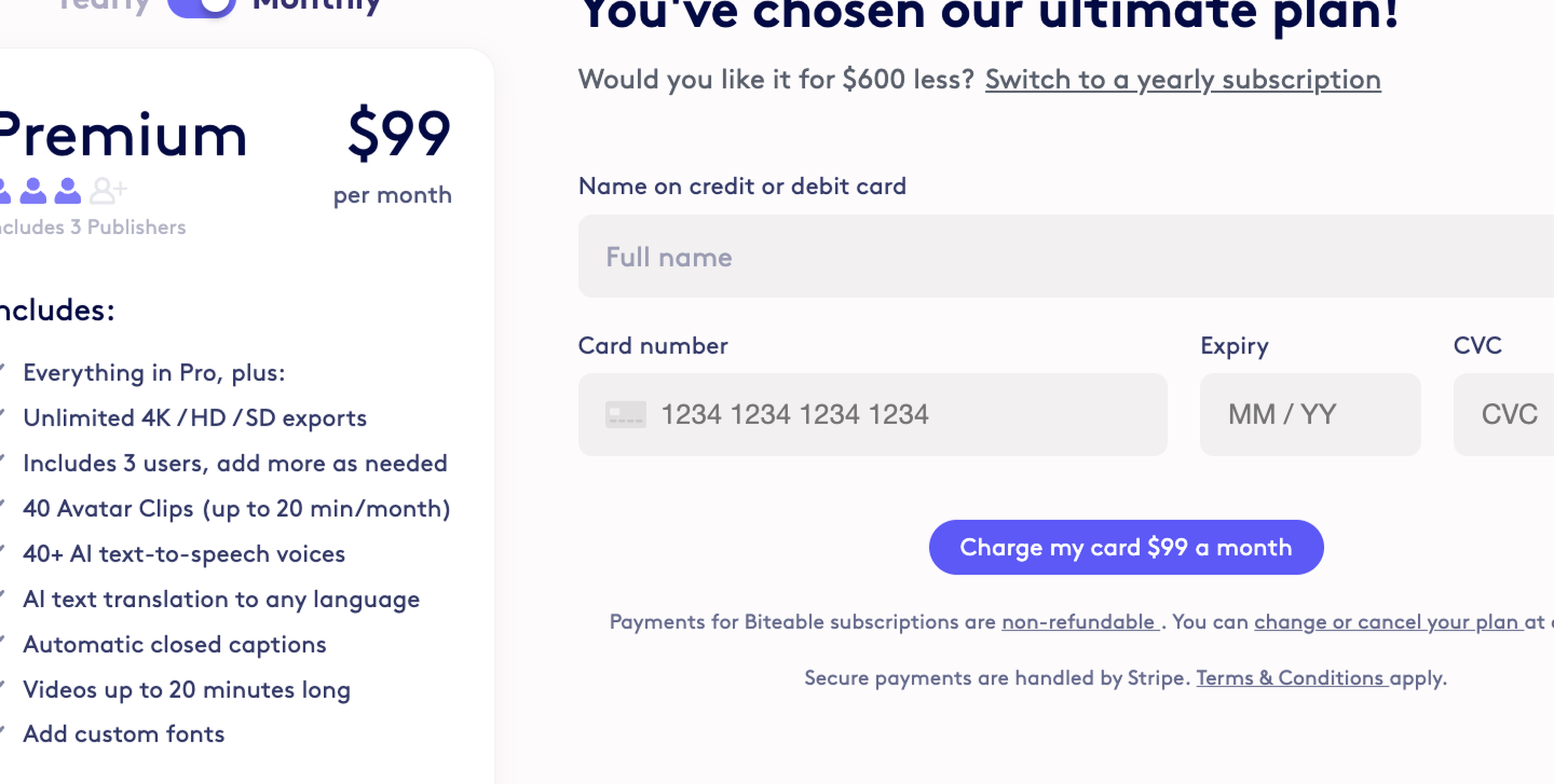Screenshot showing Biteable policies and a link to our terms of service are displayed at checkout