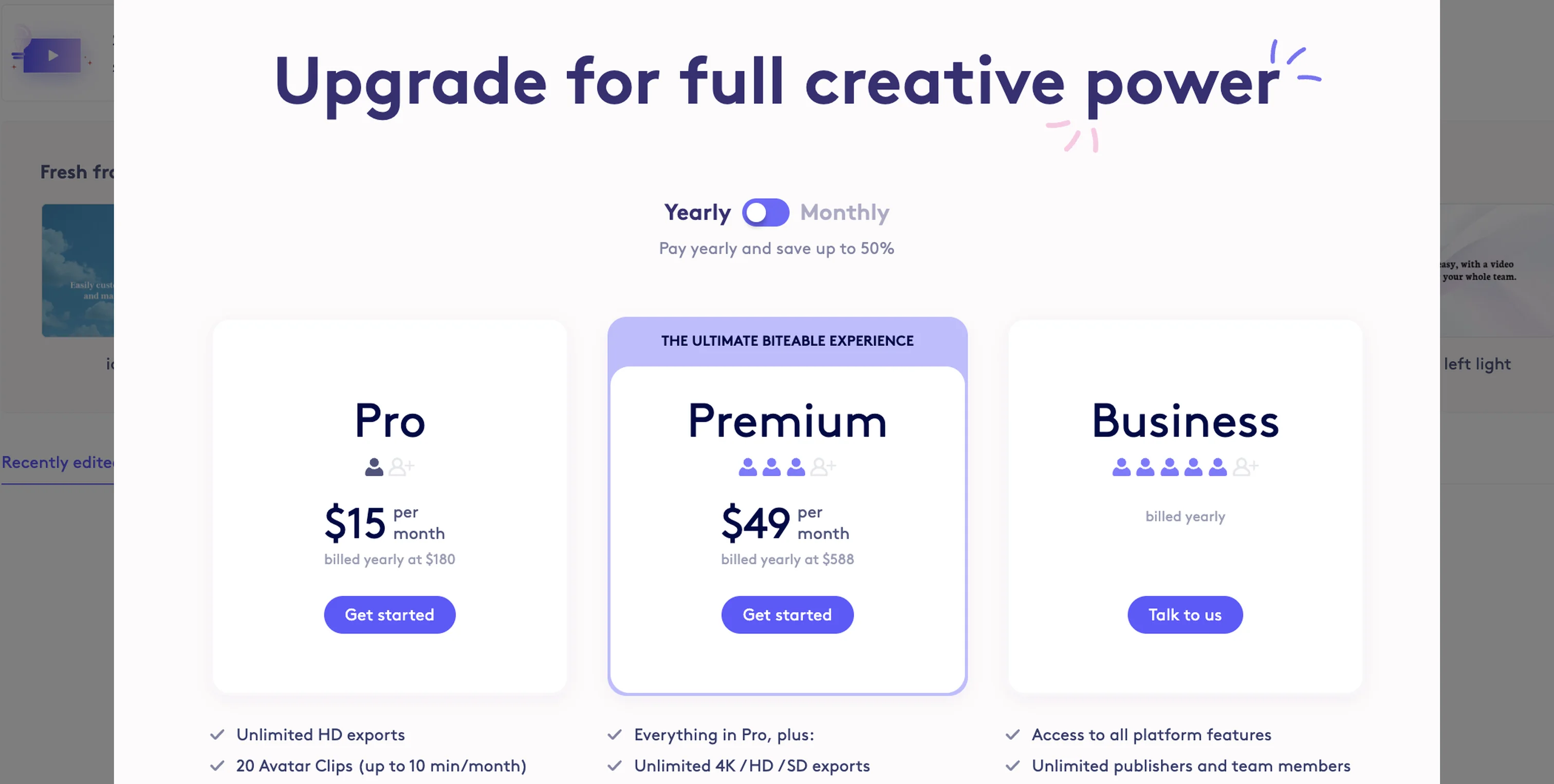 Screenshot showing Yearly billing includes discounts and shows monthly equivalent pricing