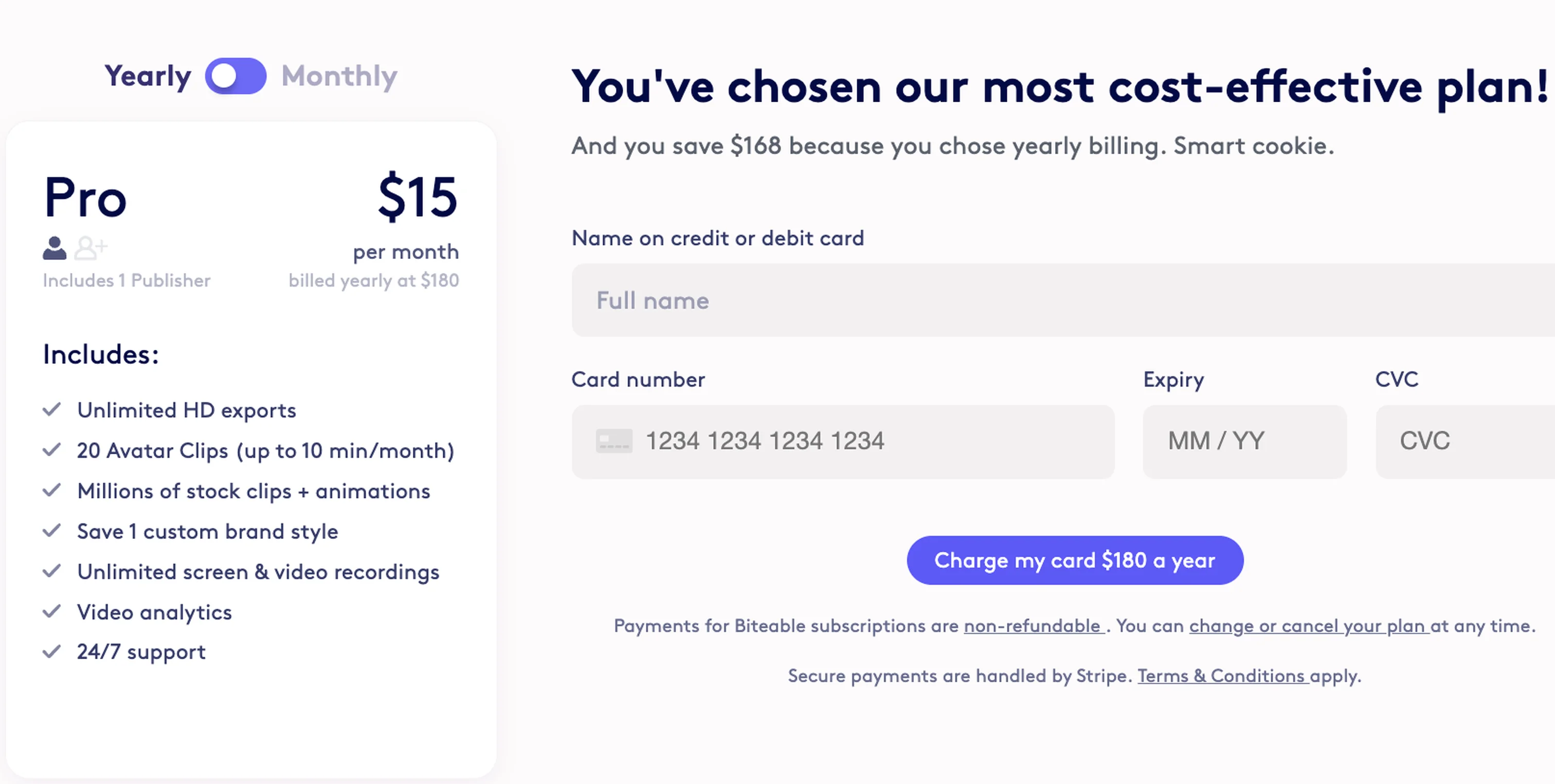 Screenshot showing After selecting a plan, details on the plan, pricing, and exactly how much you will be charged are shown. The button you click specifically states the amount your card will be charged.