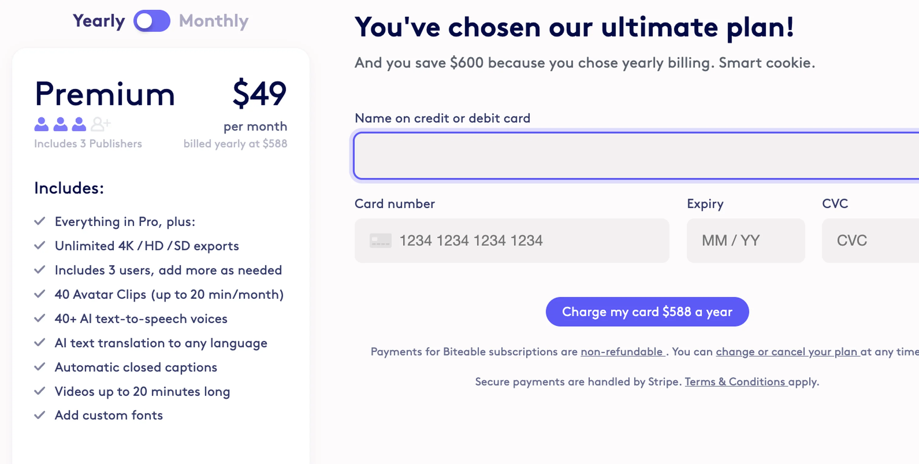 Screenshot showing All plans types provide options to switch between yearly and monthly billing/pricing options and clearly display the amount your card will be charged