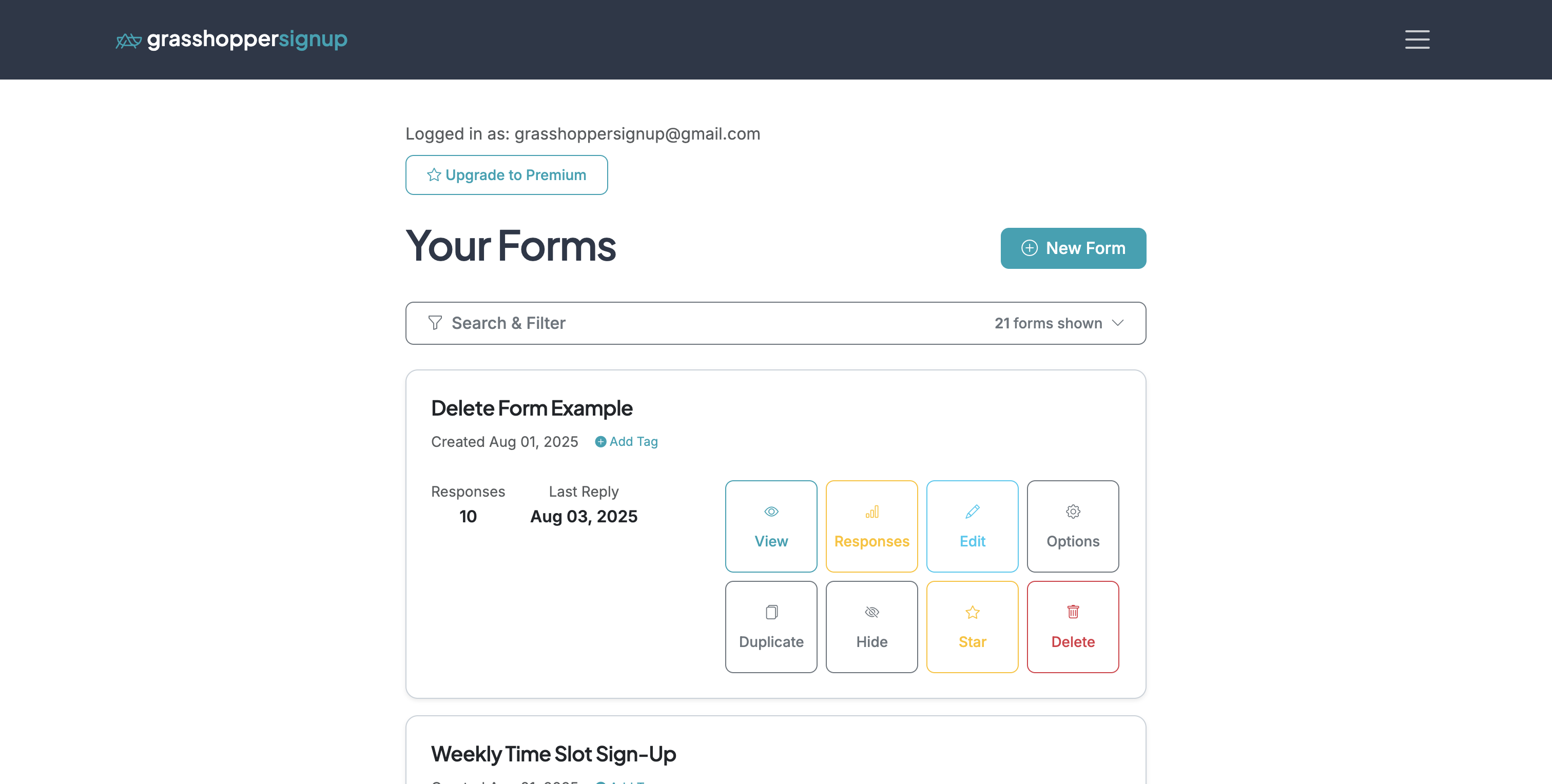 Screenshot showing After you login and land on your Dashboard, find your form and select Delete