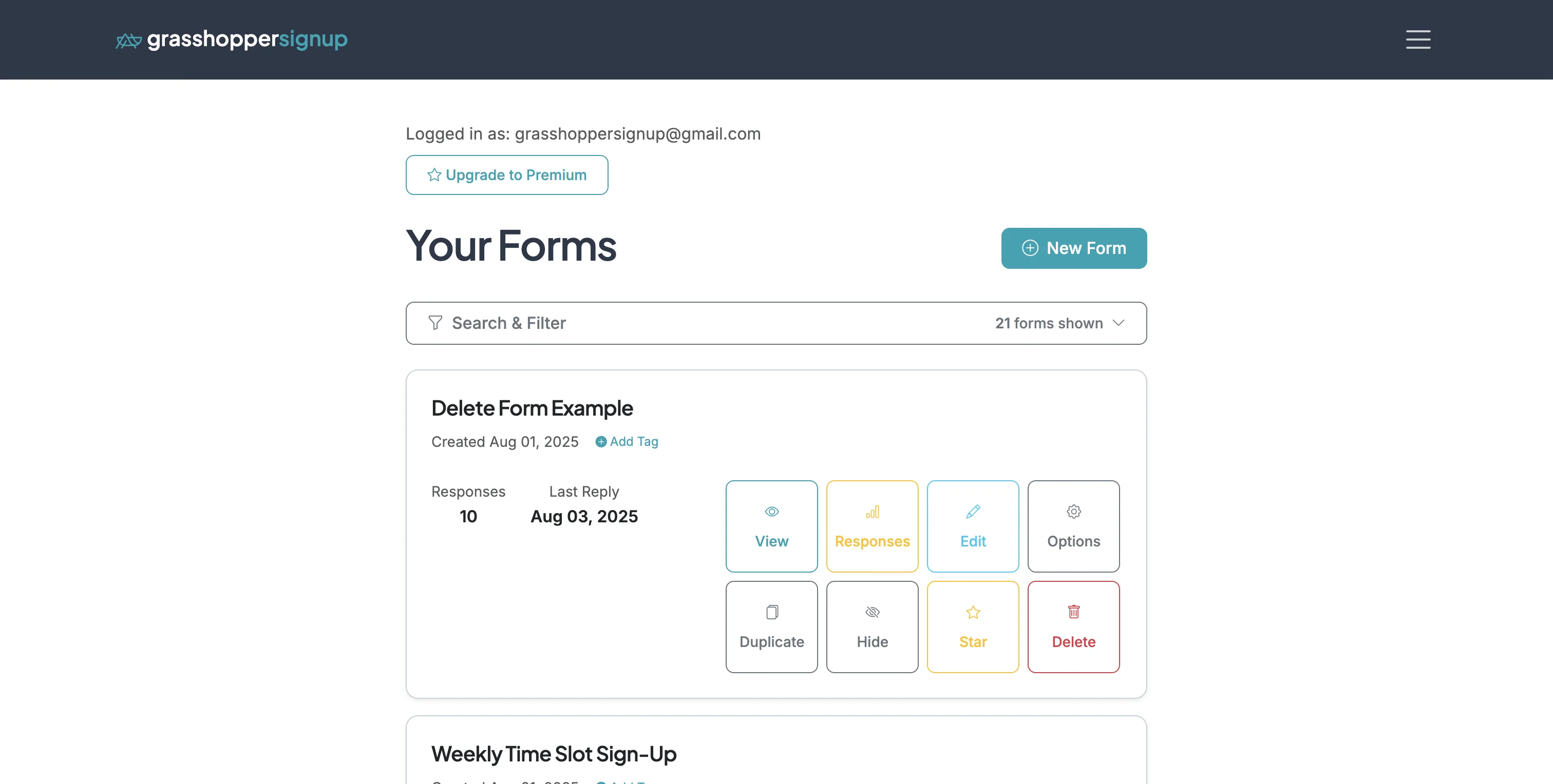 Screenshot showing After you login and land on your Dashboard, find your form and select Delete