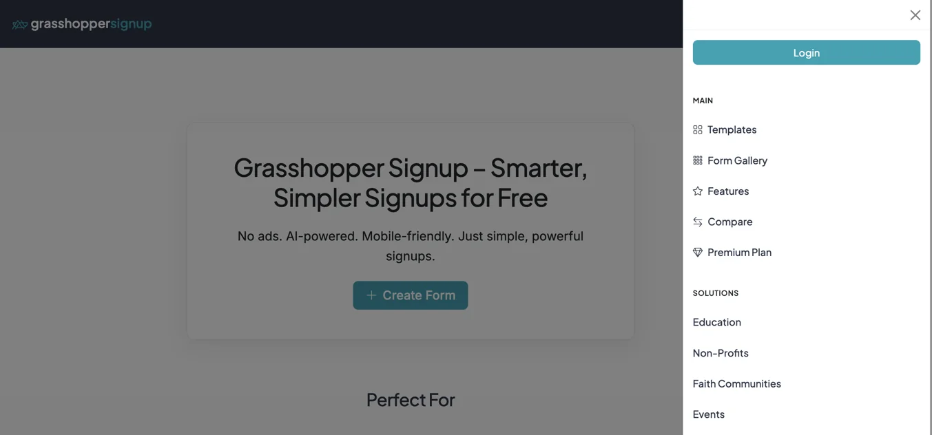 Screenshot showing Go to grasshoppersignup.com. Click the hamburger on the top right of the page and then click 'Login'.
