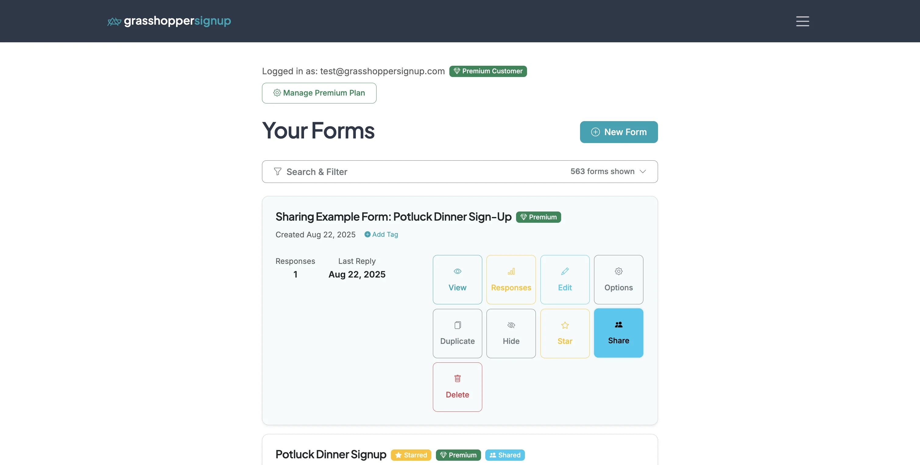 Screenshot showing Find the form you would like to share and click the 'Share' button