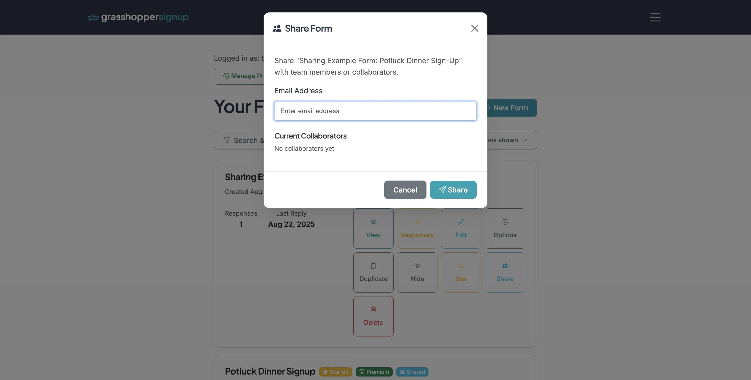 Screenshot showing Enter the email address of the person you would like to share the form with. You can share with multiple email addresses.