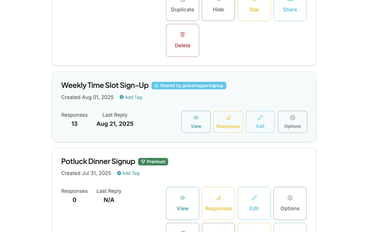 Screenshot showing When a form has been shared, it will appear in the Dashboard of the user who the form was shared with. Shared forms have links to the core form pages, but not all form functions of the form owner/creator (e.g., Delete, Hide, Star, Duplicate, Share).