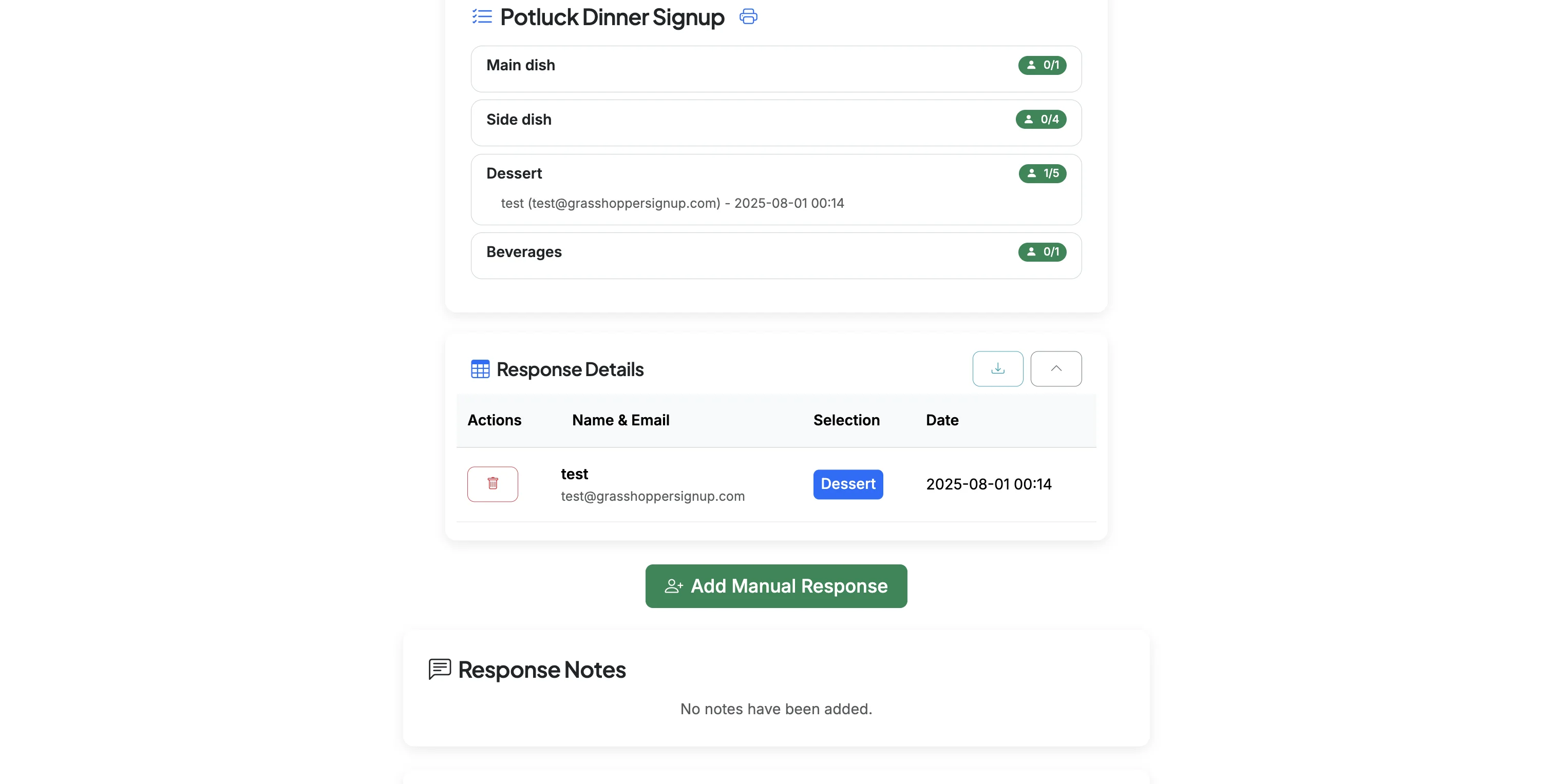 Screenshot showing Scroll down to the bottom of the Response Details section. Click the 'Add Manual Response' button.