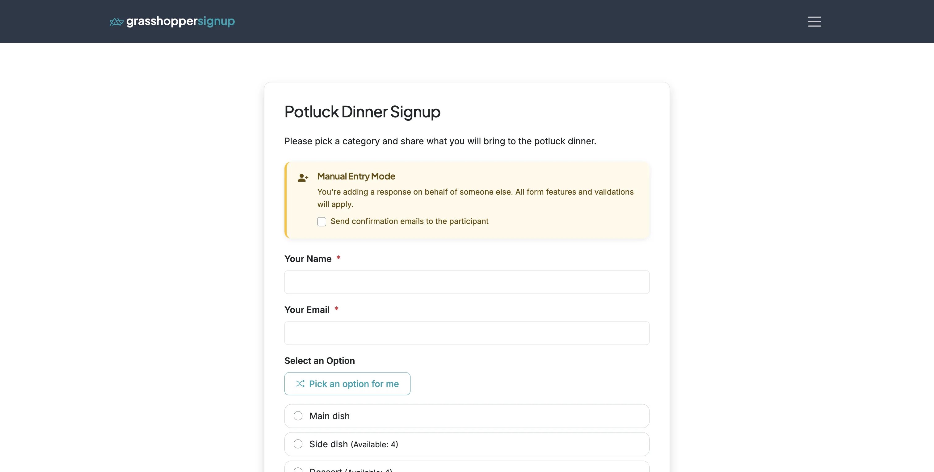 Screenshot showing Add the manual response by completing the form. You can choose to skip notifications (default unchecked setting) or check the box to send notifications to the respondent you are adding manually.