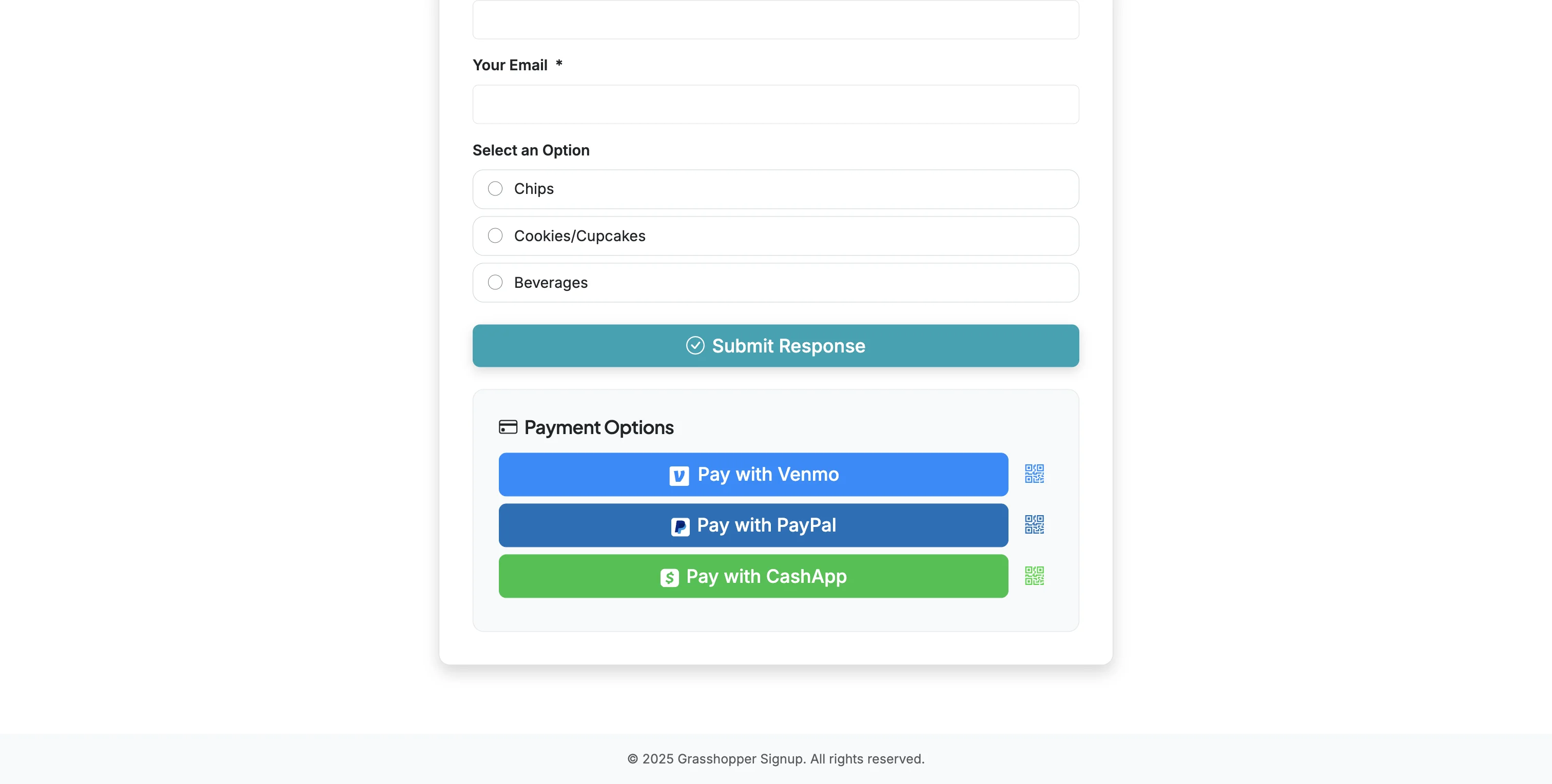 Screenshot showing When you or your respondents view your form, the payment methods you added will be displayed at the bottom of the form.
