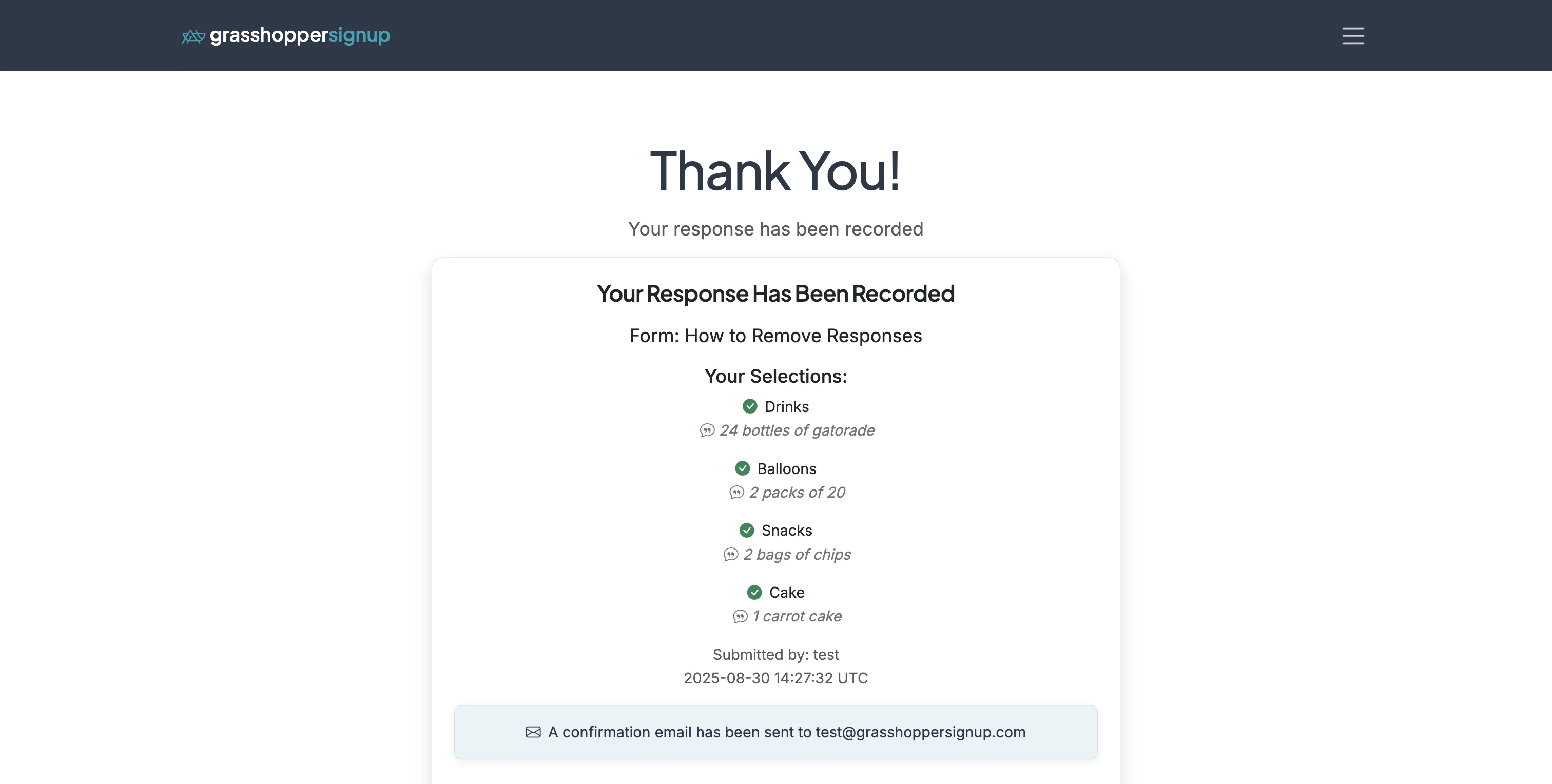 Screenshot showing Visit the Thank You page for the response submission (a link is included in the respondent confirmation email).