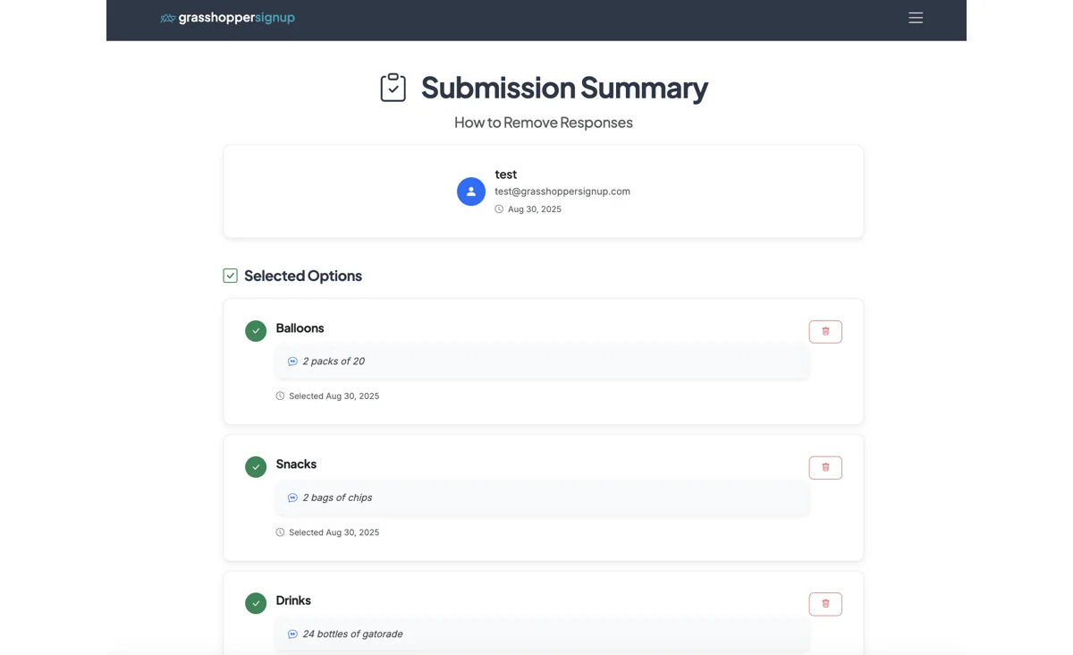 Screenshot showing From the Submission Summary page, you can remove selected options and take the form again if needed.