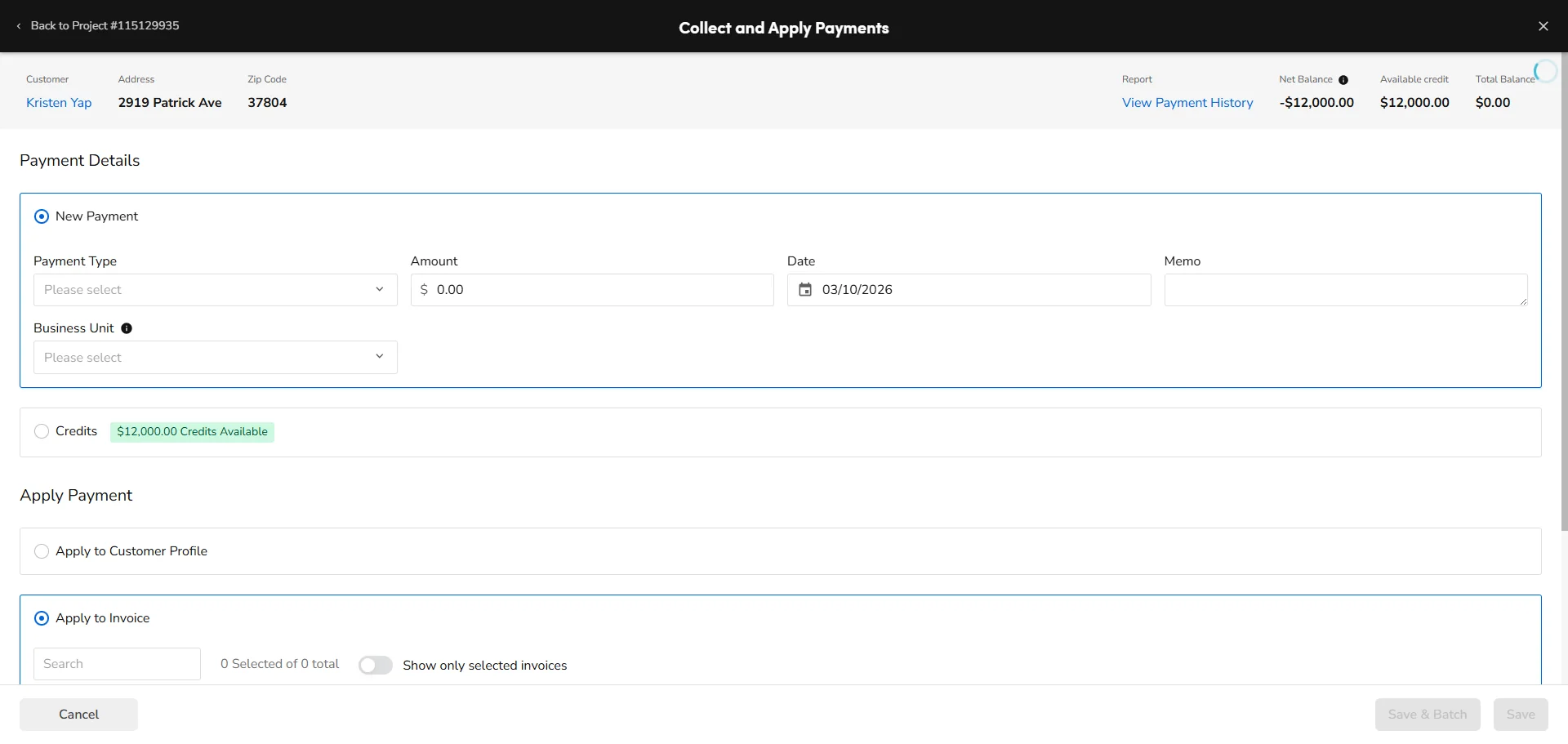 Screenshot showing Now enter all payment information in the top box. Since you are collecting before the estimate is in "SOLD" status, you will select "Apply to Customer Profile". This will create a credit for the customer which will automatically apply to the project when it is started.