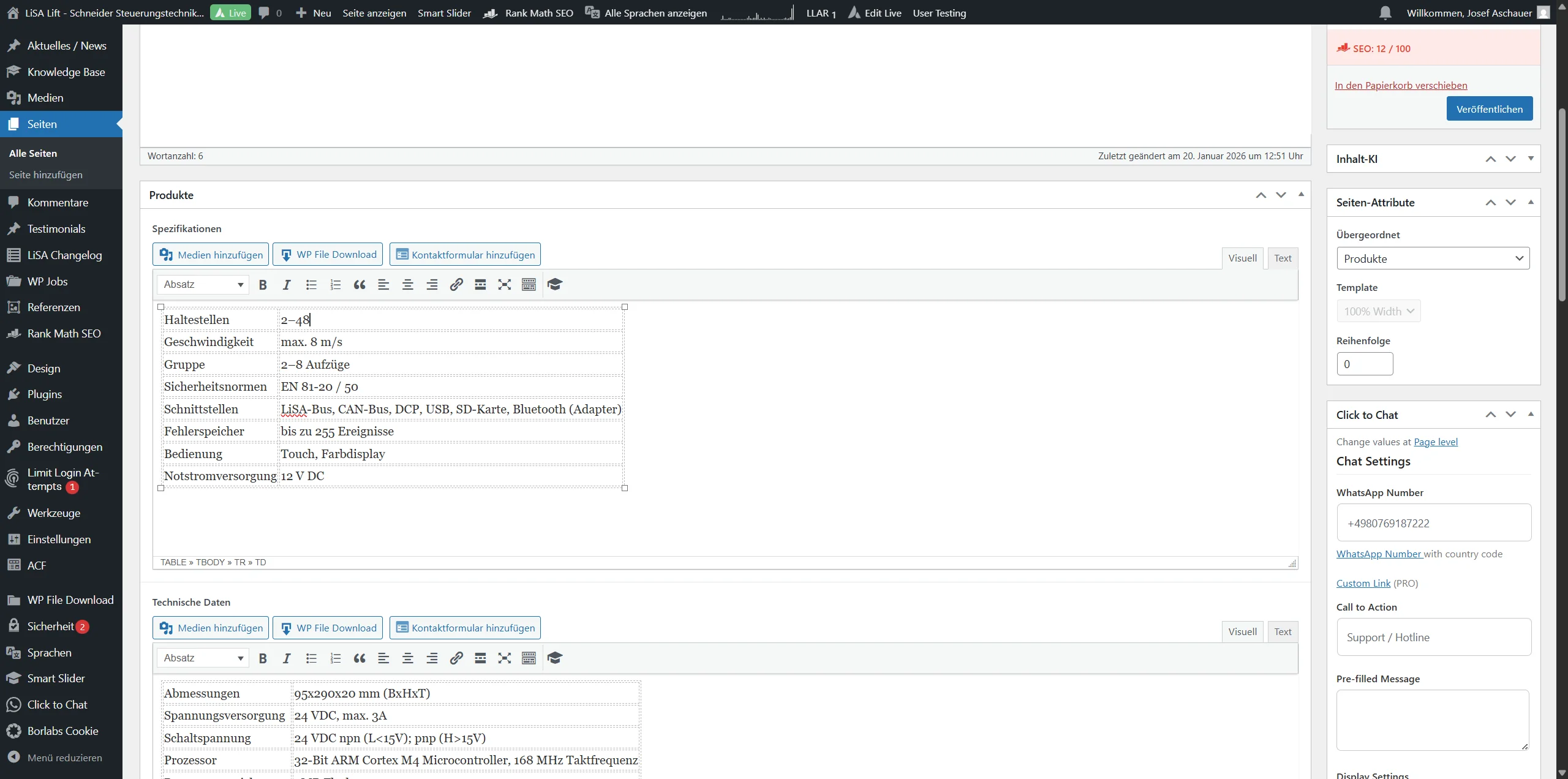 Screenshot showing Tabelle Spezifikationen bearbeiten, Achtung Tabelle nicht löschen! Nur Inhalt, ggf. Zeilen löschen bzw. hinzufügen.