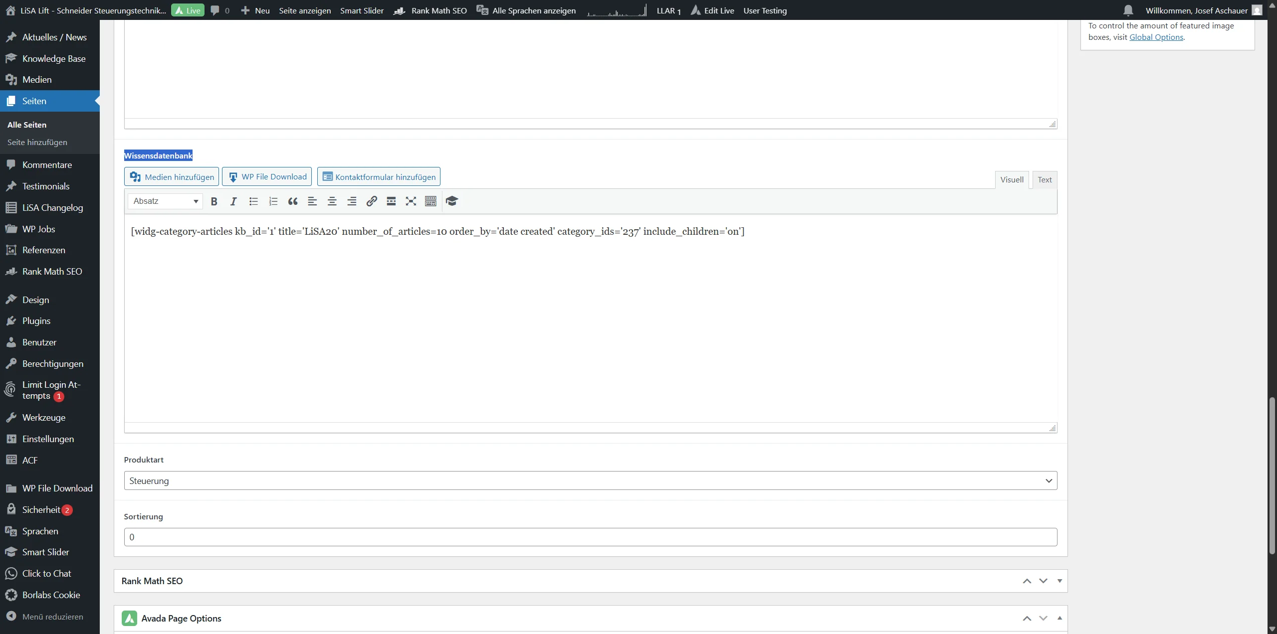 Screenshot showing So nachdem wir die Wissensdatenbank ID haben müssen wir es noch auf der Produktseite unter "Wissensdatebank" einfügen, hier müssen wir die ID einfügen in unserem Beispiel also die 237 durch die 369 ersetzten! Und dann haben wir vorne noch die Möglichkeit eine Überschrift zu definieren für den Tab "Wissensdatenbank" in unserem Fall nun "LiSA20" durch "Testprodukt" ersetzten.