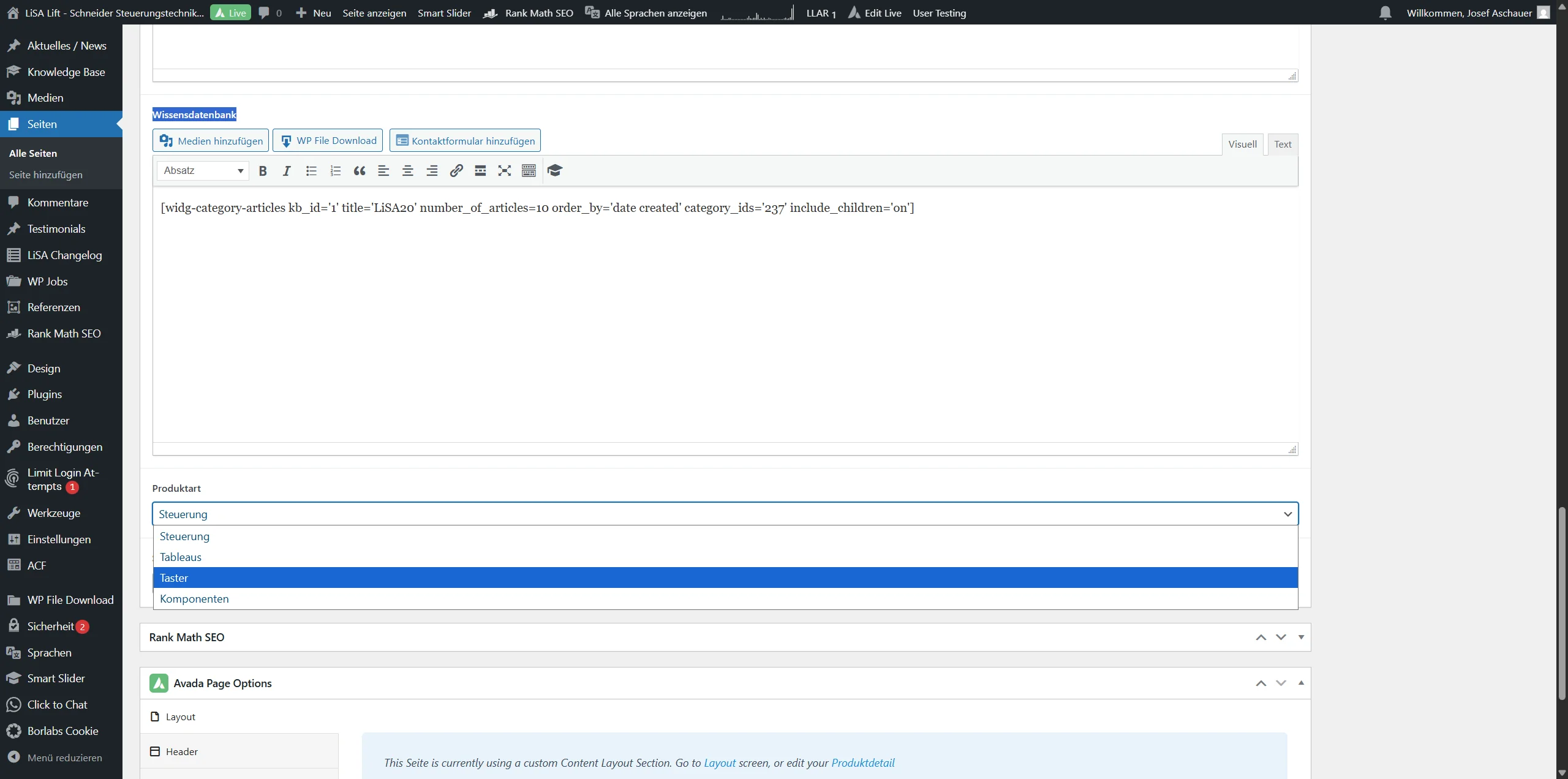 Screenshot showing Hier können wir wählen unter welche Kategorie auf der Produktseite unser Produkt fällt, aktuell gibt es 4 Kategorien, wenn weitere benötigt werden bitte an Josef wenden.