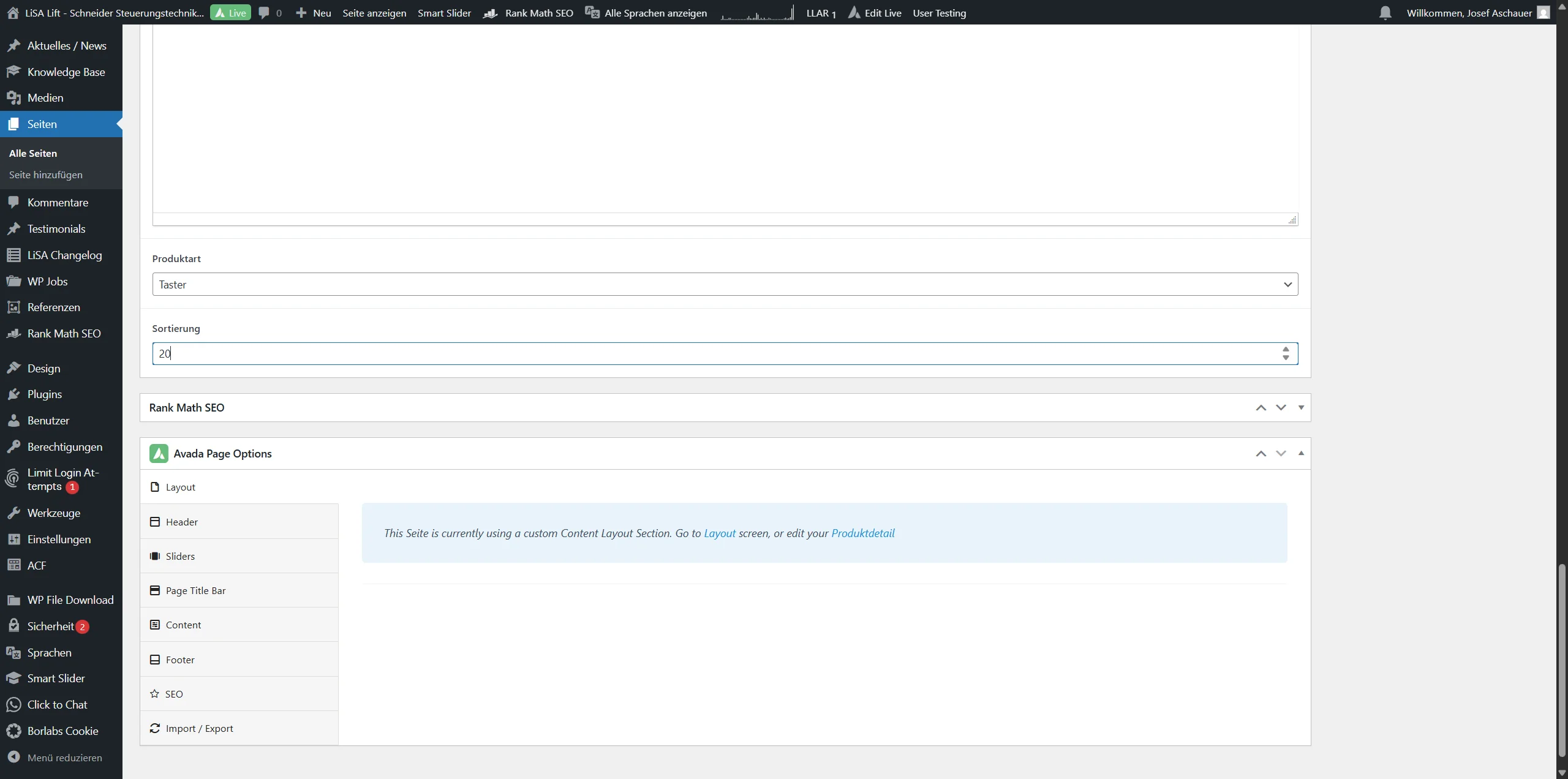 Screenshot showing Hiermit kann die Sortierung auf der Produktseite gesteuert werden, ID 0 ist an erster stelle, ID1 an Zweiter usw. das kann endloss betrieben werden!