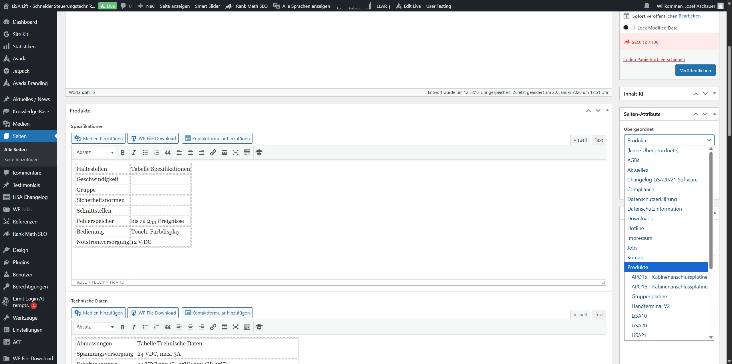 Screenshot showing Sollte eigentlich schon ausgefüllt sein aber wichtig ist das es "Übergordnet" unter "Produkte" ist, für Englische Versionen "Products"