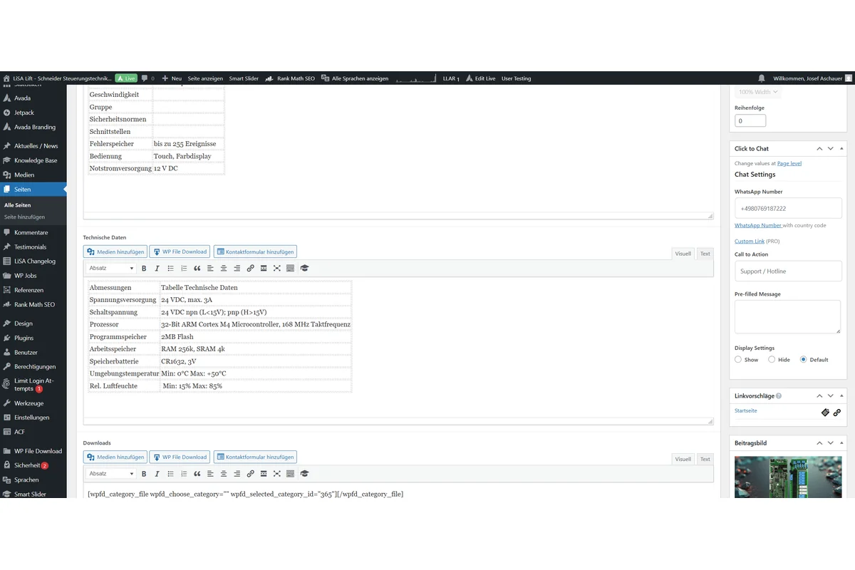 Screenshot showing Tabelle Technische Daten bearbeiten, Achtung Tabelle nicht löschen! Nur Inhalt, ggf. Zeilen löschen bzw. hinzufügen.