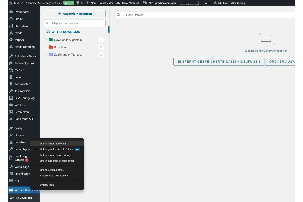 Screenshot showing Bevor wir Downloads befüllen können müssen wir erst einen Ordner erstellen hierzu navigieren wir zu "WP File Download" machen einen Rechtsklick und "in neuem Tab öffnen"