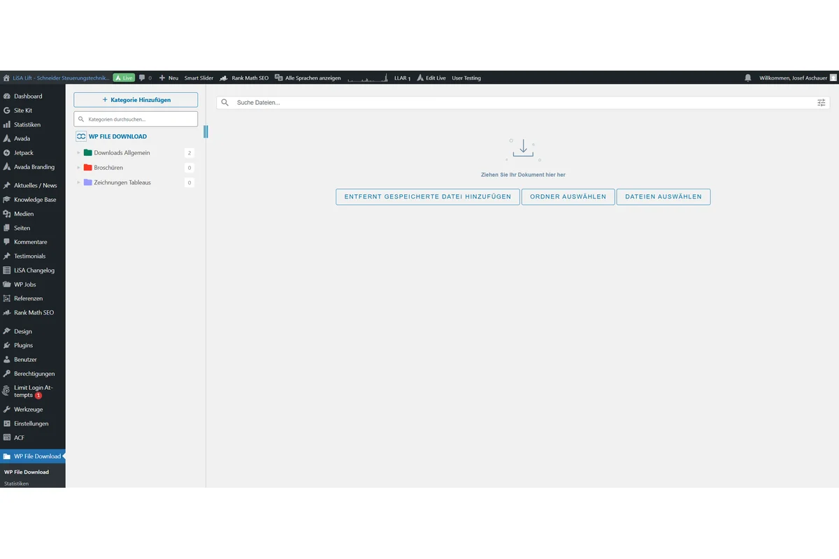 Screenshot showing Danach solltest du folgendes in einem neuen Tab sehen. Hier gibt es 3 Überkategorien "Downloads", "Broschüren" und "Zeichnungen Tableaus" aktuell benötigen wir jeweils eine neue Kategeorie pro Produkt für Downloads und Broschüren (Falls es ggf. schon eine Kategorie gibt kann das anlegen einer neuen Kategorie übersprungen werden)