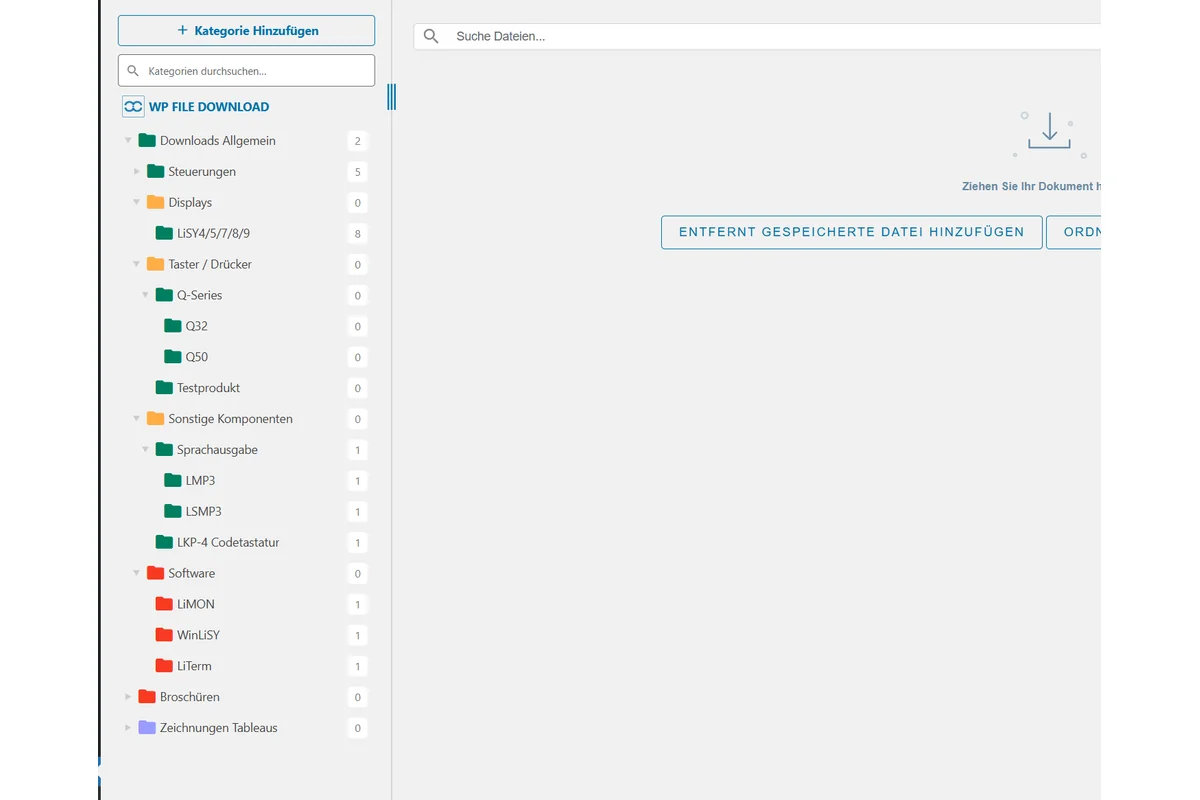 Screenshot showing hier sieht man es nochmal in Ausgeklappten Zustand, in unserem Beispiel war es nun das "Testprodukt" das wir unter "Taster" erstellt haben, danach kann man hier auch Dateien hochladen und diese werden später im Produkt angezeigt!