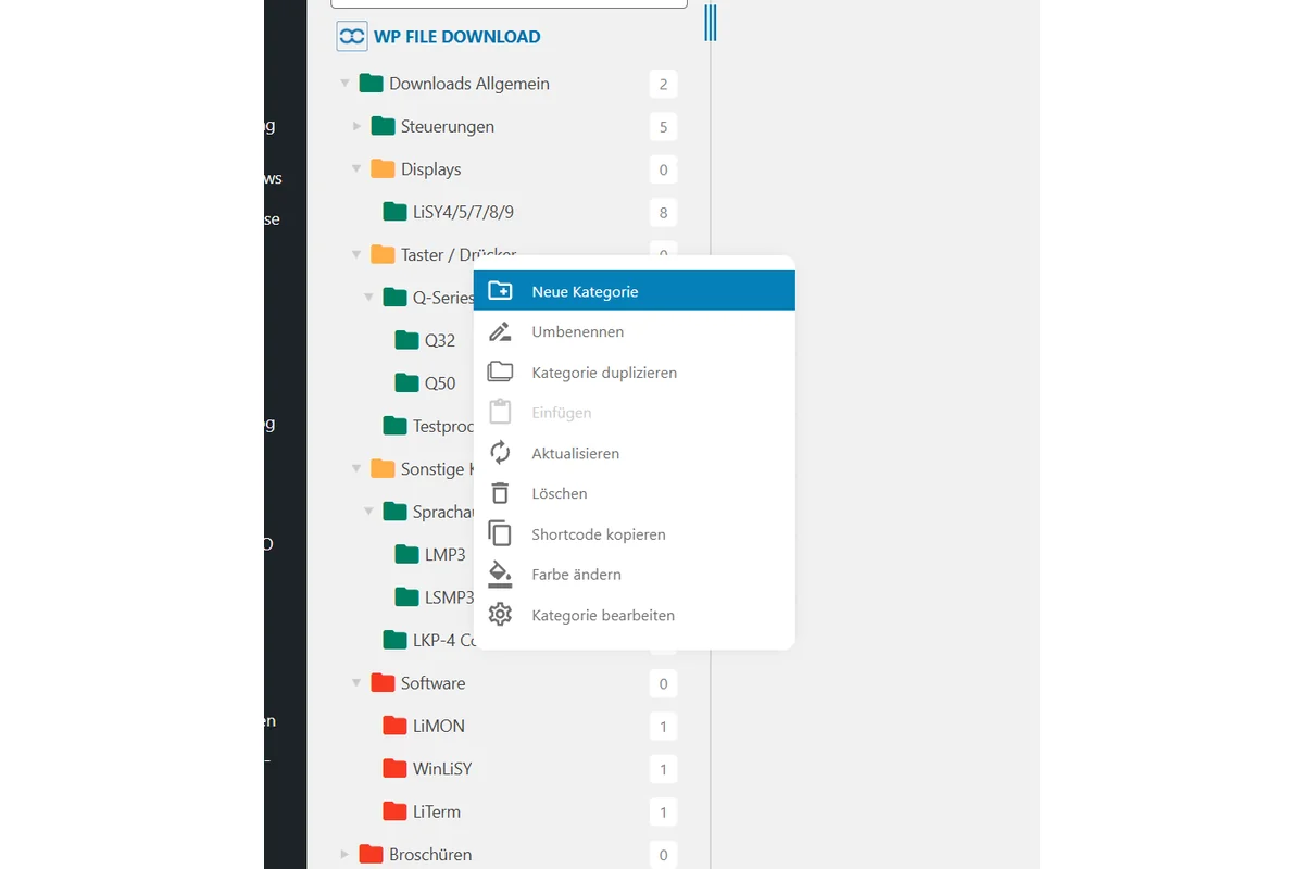 Screenshot showing In unserem Beispiel wollen wir ein Produkt unter "Taster" anlegen somit erstellen wir eine neue Kategorie unter Taster...hierzu klicken wir Rechtsklick auf "Taster / Drücker" und klicken "Neue Kategorie"