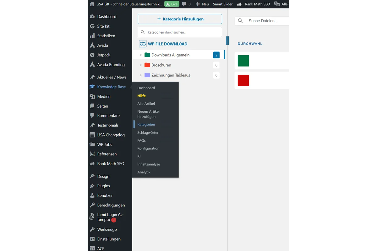 Screenshot showing Als nächstes müssen wir eine Kategorie für die Wissensdatenbank anlegen, hierzu navigieren wir in dem "WP File Tab" auf "Knowledge Base" und springen direkt zu den Kategorien, hier kann auch Rechtsklick und "in neuem Tab öffnen" hilfreich sein.