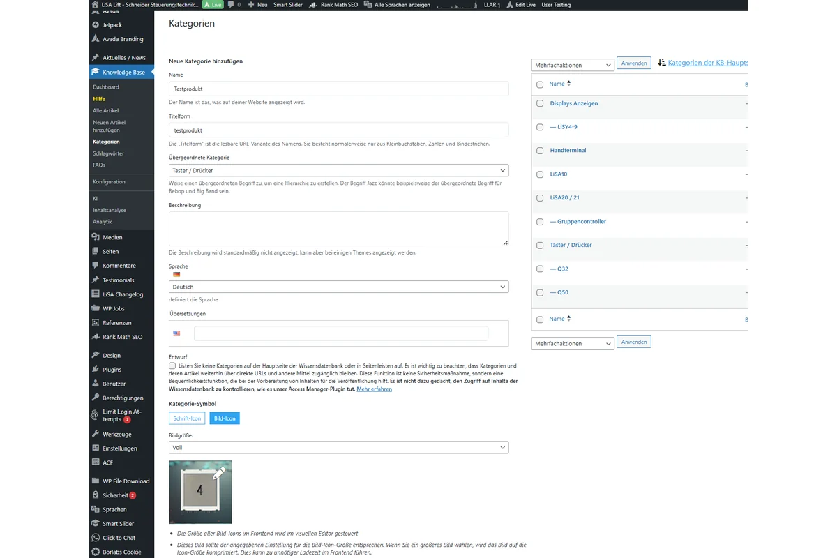 Screenshot showing Nun erstellen wir zu unserem Produkt eine neue Kategorie in unserem Beispiel "Testprodukt" in Unterkategorie unter "Taster / Drücker"