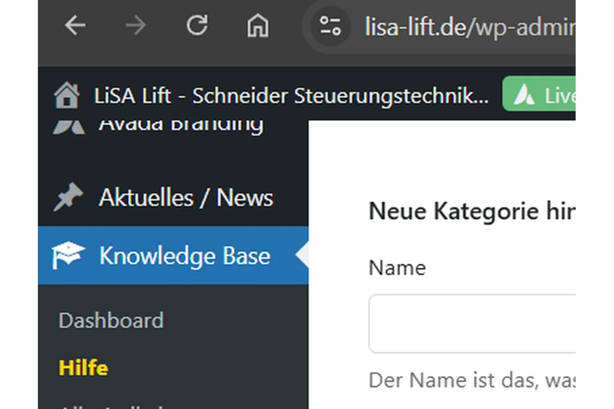 Screenshot showing ggf. musst du die Seite einmal neuladen dass die Neue Kategorie in der Liste auftaucht.