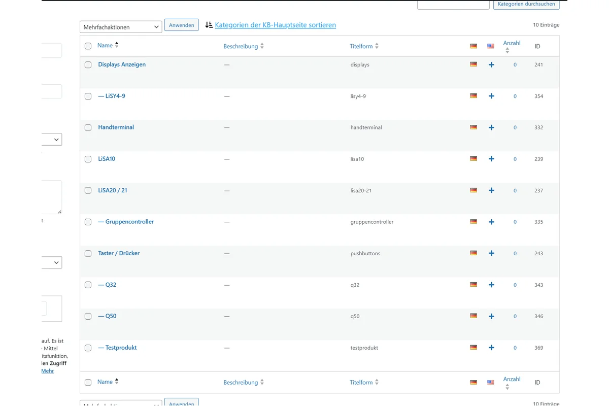Screenshot showing Nun sehen wir unsere Kategorie und hinten sehen wir eine "ID" in unserem Beispiel nun die 369. Diese benötigen wir dann wieder auf unserer Produktseite