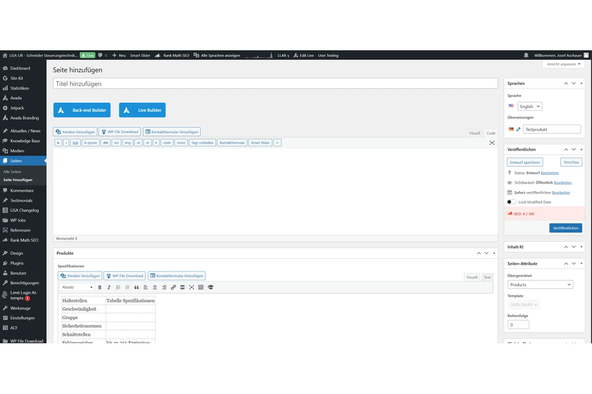 Screenshot showing Dann landet ihr wieder auf einer Produktseite, die Downloads, Spefikiationen etc. werden aus der Deutschen Version übernommen, den Rest müsst ihr erneut einfügen und die Tabellen übersetzten. Im Rechten Bereich sieht man nun das die Deutsche Seite dazu "Testprodukt" ist dies könnt ihr als kleine Kontrolle verwenden ob ihr richtig seit. ACHTUNG Downloads und Broschüren haben wir aktuell nur einen Download Ort, hier kann man in einem Späteren verlauf ggf. mal noch einen Englischen Bereich einführen würde ich aber derzeit nicht priorisieren, sollte es einen Englischen Bereich geben müssten dann die IDs auch angepasst werden.