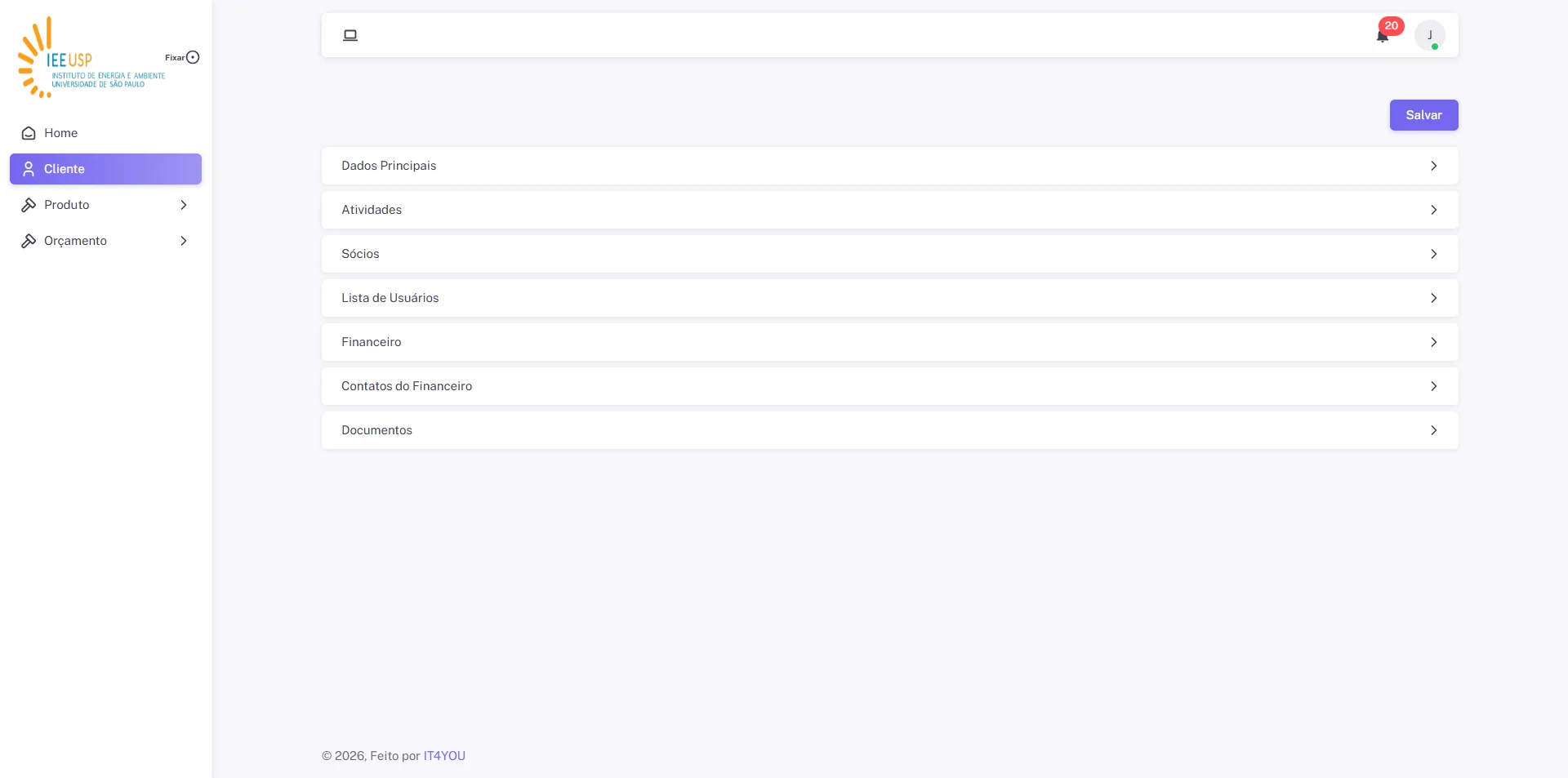 Screenshot showing Clique no menu 'Cliente'