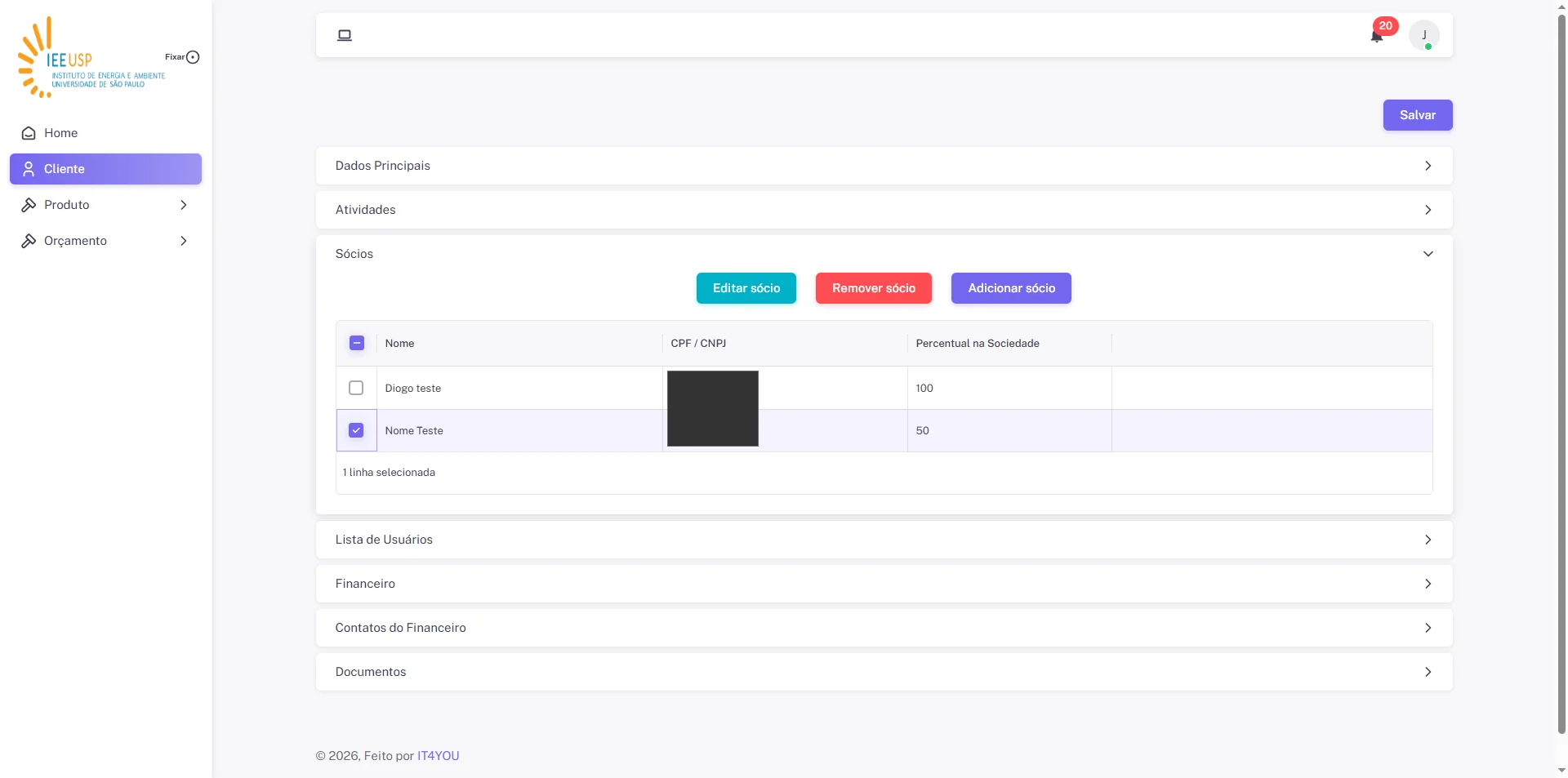 Screenshot showing Selecione um dos Sócios e clique no botão "Editar Sócio"