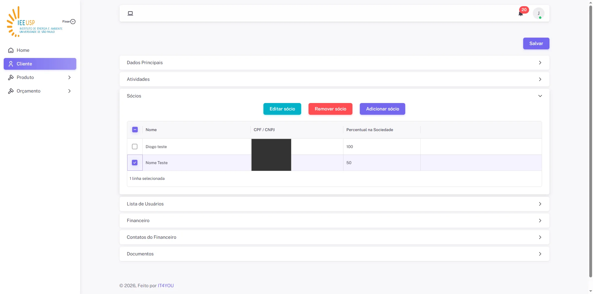 Screenshot showing Selecione um dos Sócios e clique em "Remover Sócio"