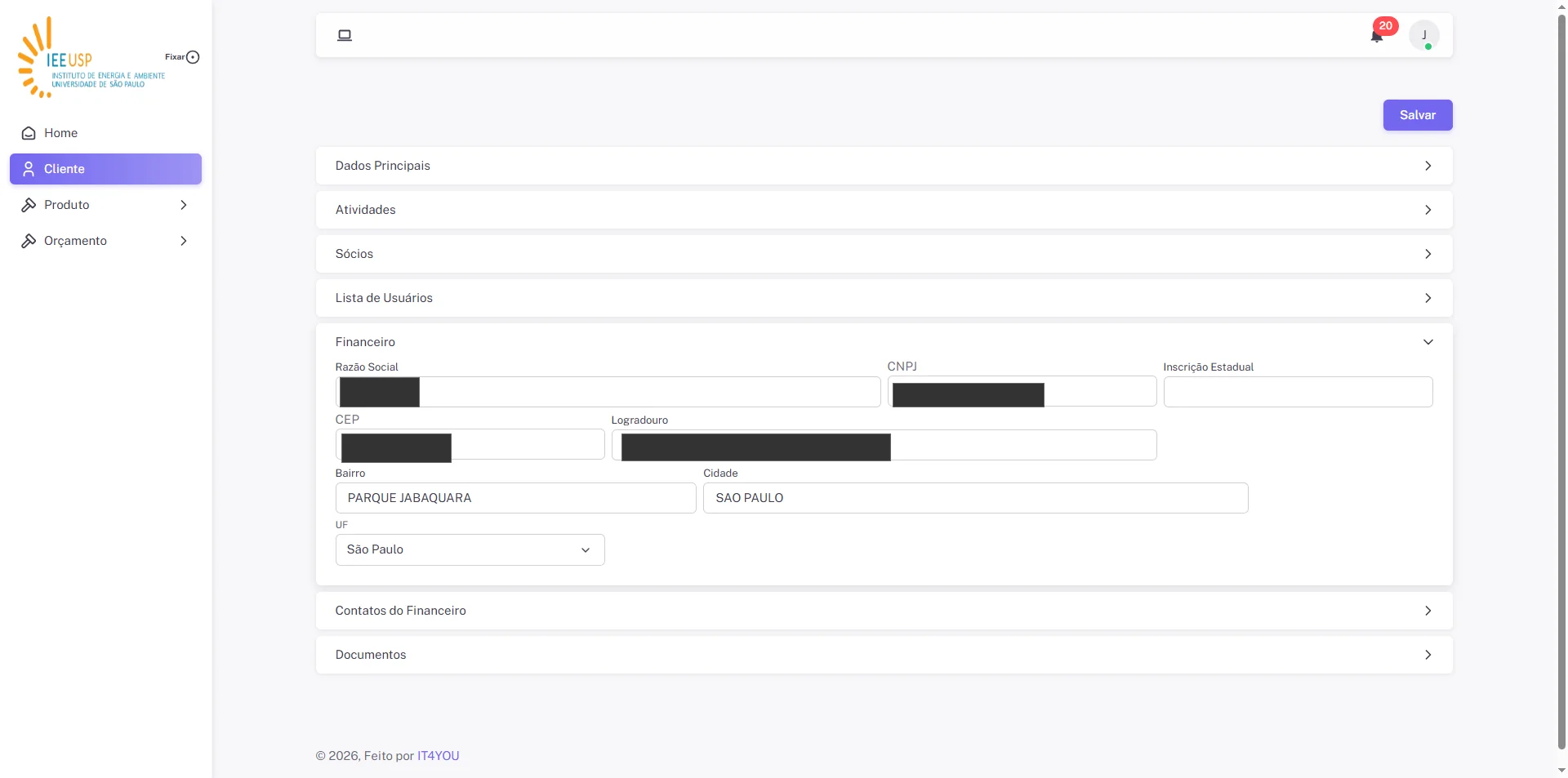 Screenshot showing Clique em 'Financeiro'