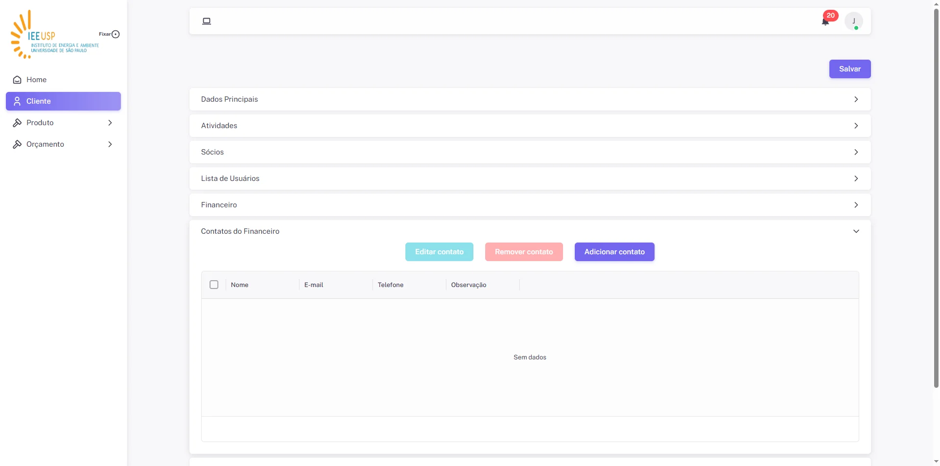 Screenshot showing Clique em 'Contatos do Financeiro'