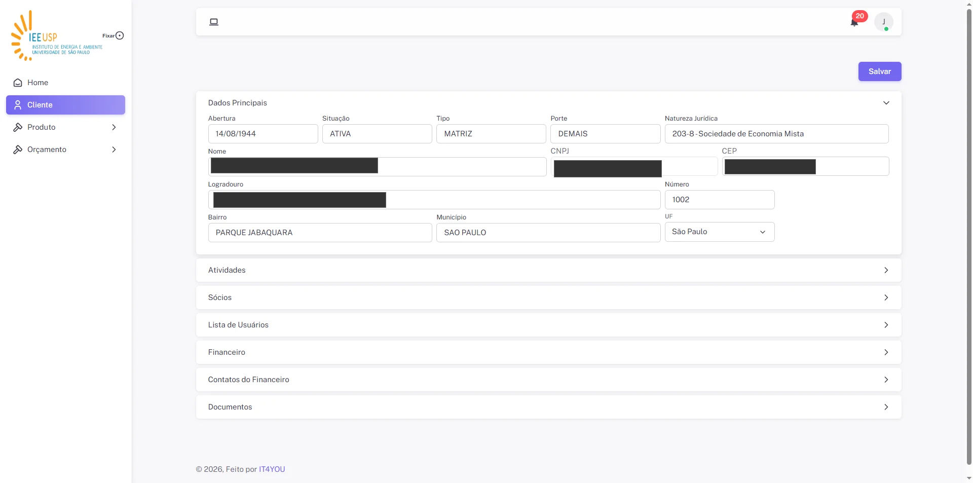 Screenshot showing Clique em 'Dados Principais'