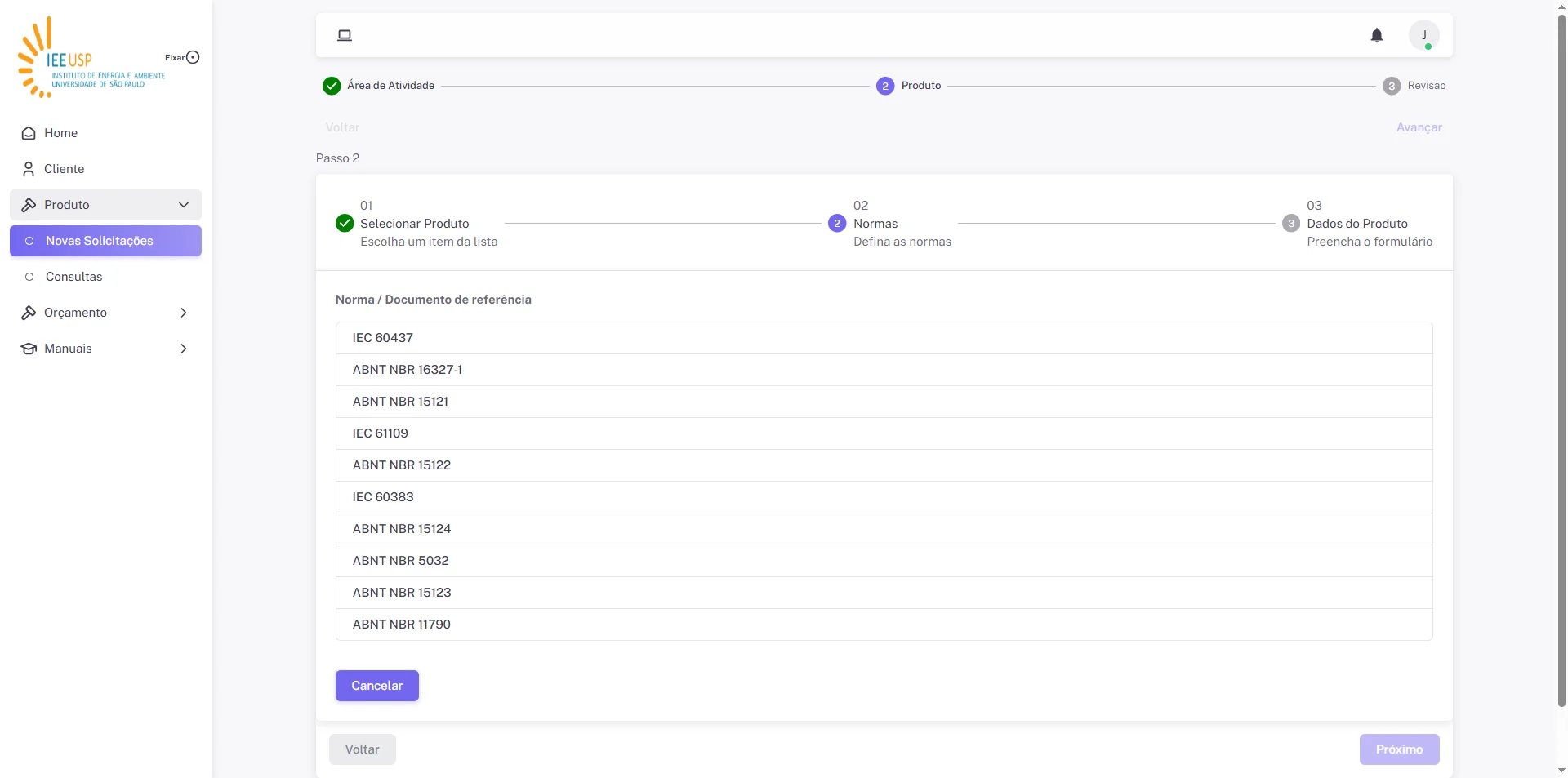 Screenshot showing Selecione a Norma