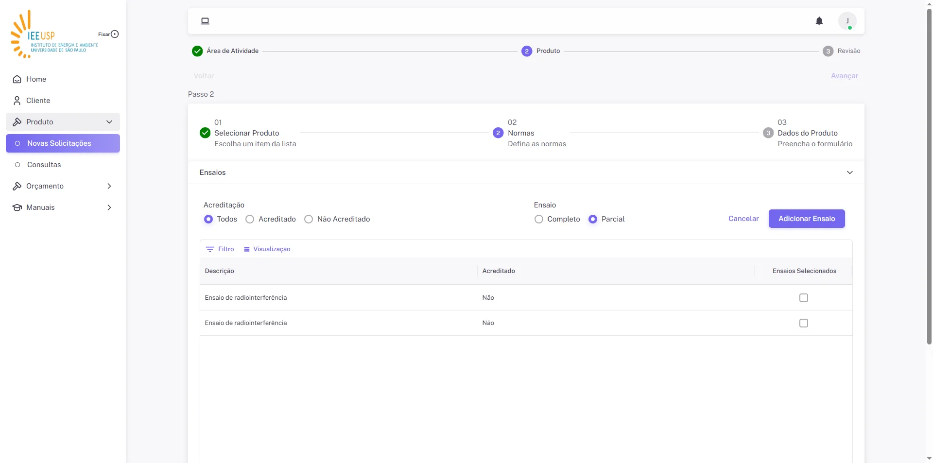Screenshot showing Marque os ensaios e clique no botão "Adicionar Ensaio"