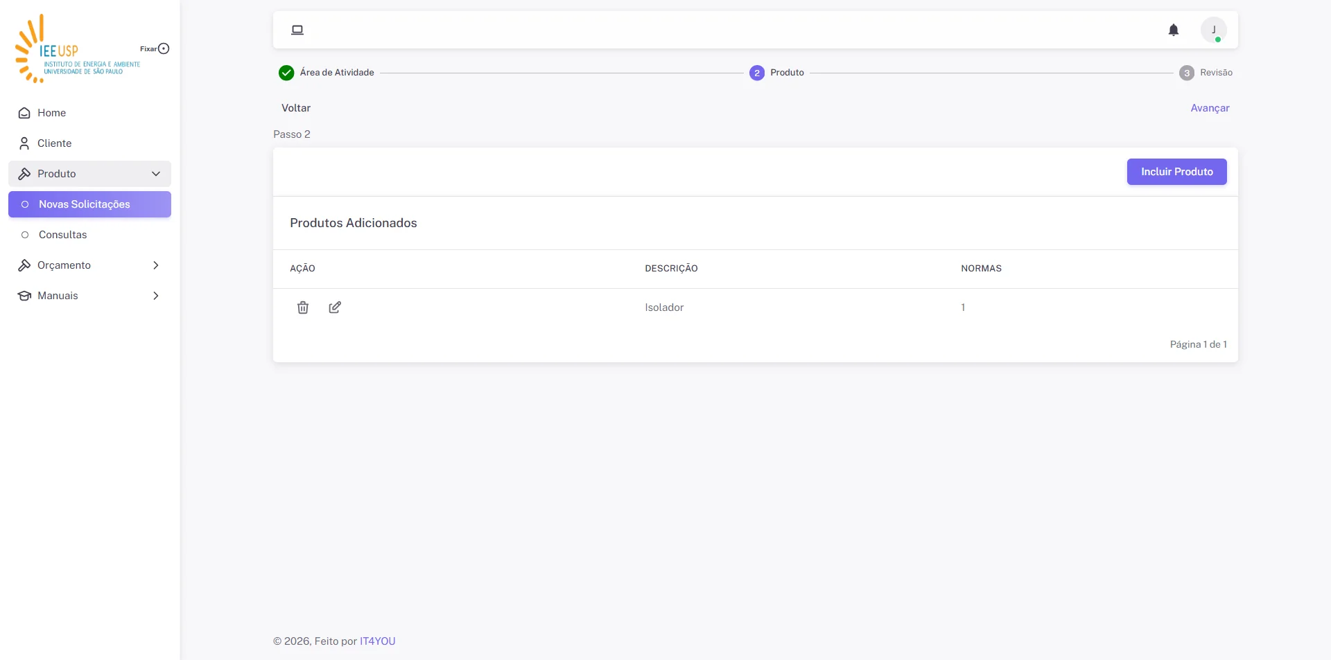 Screenshot showing Para incluir um novo Produto, siga os passo de 2 a 13