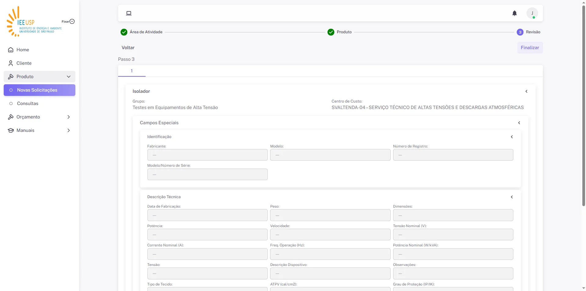 Screenshot showing Após a Revisão Clique no botão "Finalizar" para enviar sua solicitação