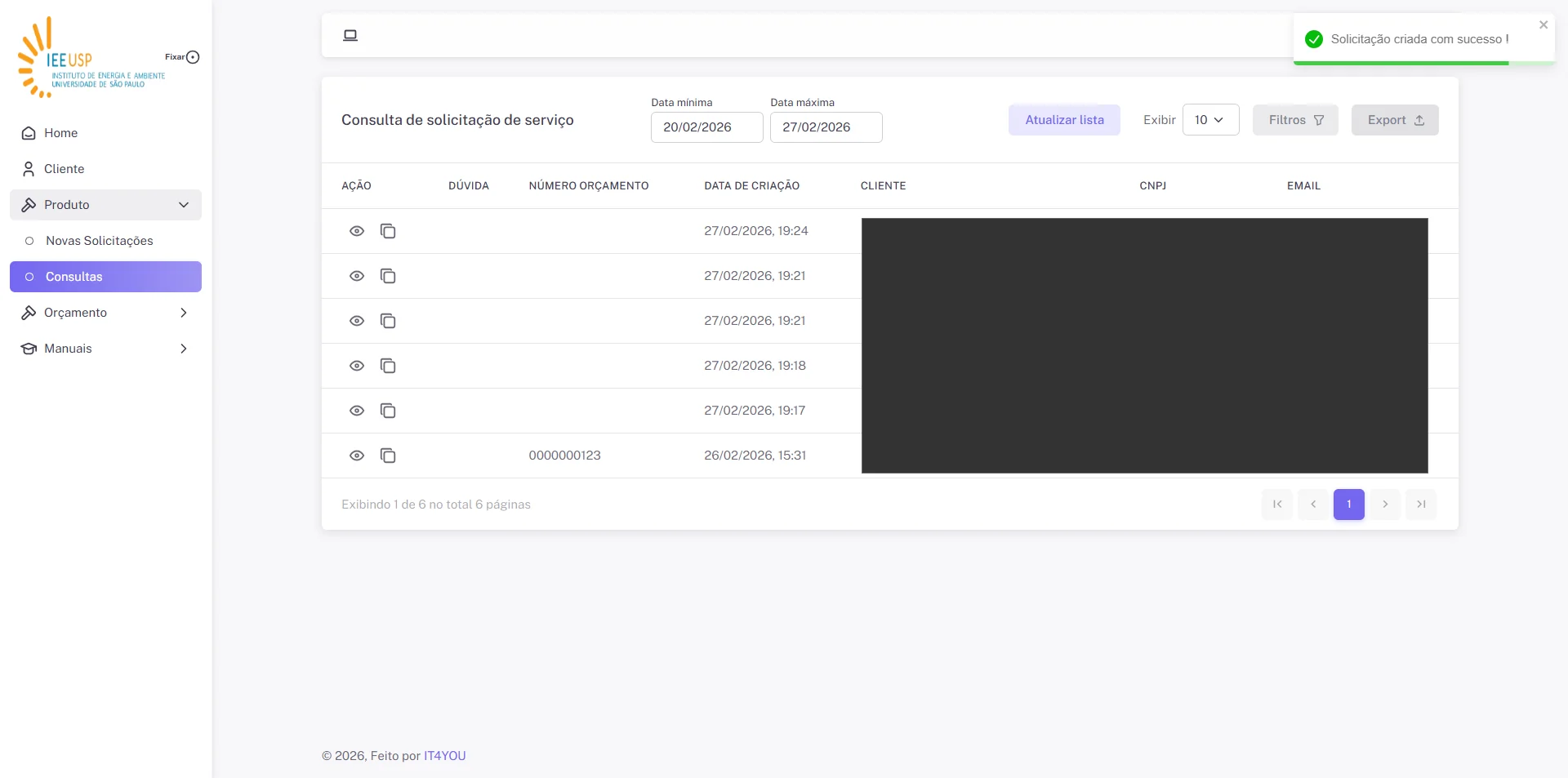 Screenshot showing Após criar a solicitação é demonstra a lista de consulta das solicitações de serviço