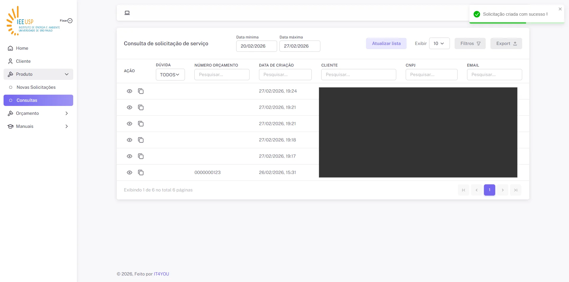 Screenshot showing Para buscas nas Solicitações, clique no botão "Filtros"