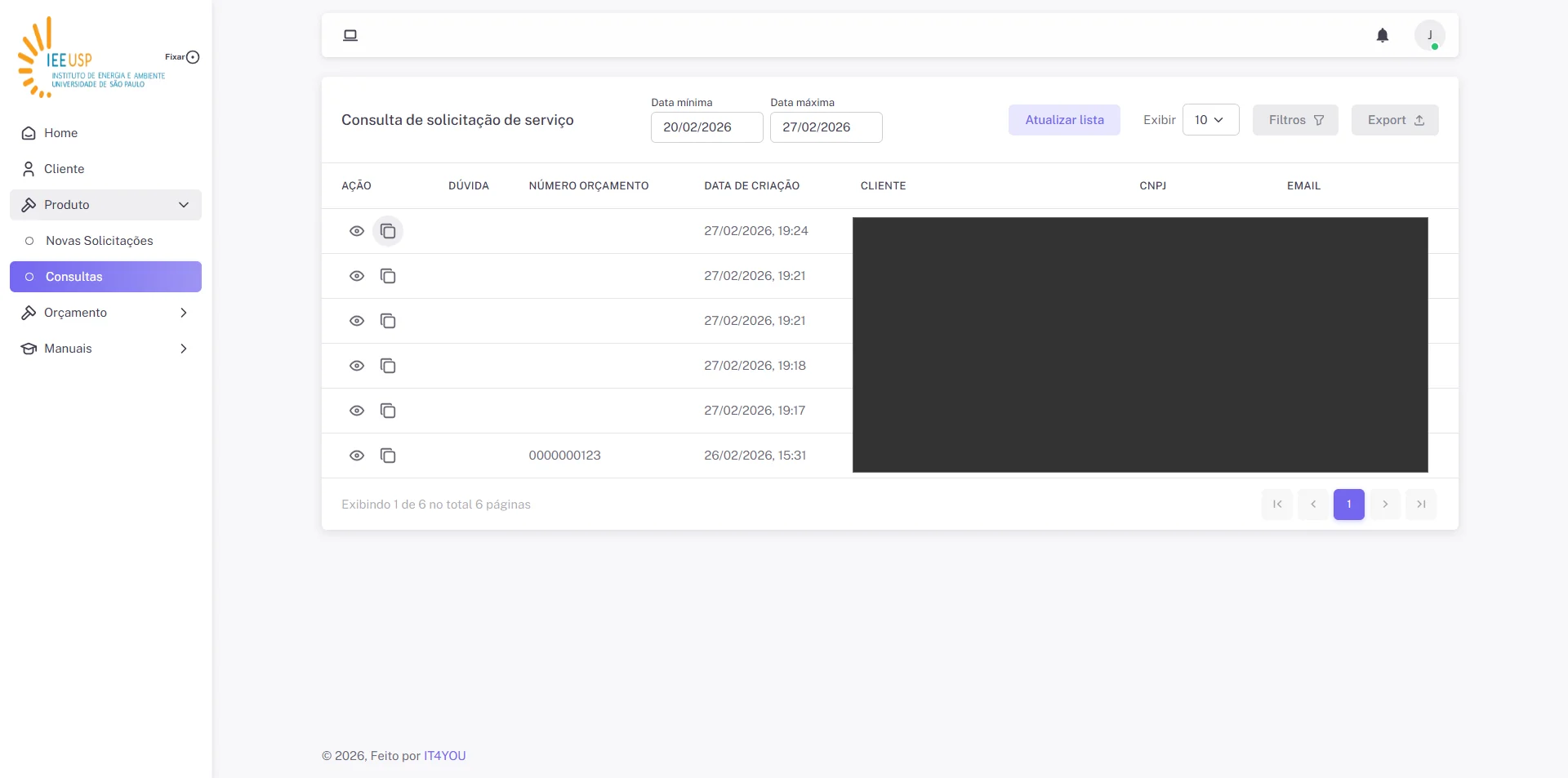 Screenshot showing Na Lista de Solicitações podemos gerar a cópia de uma solicitação já criada clicando no botão "Cópia"