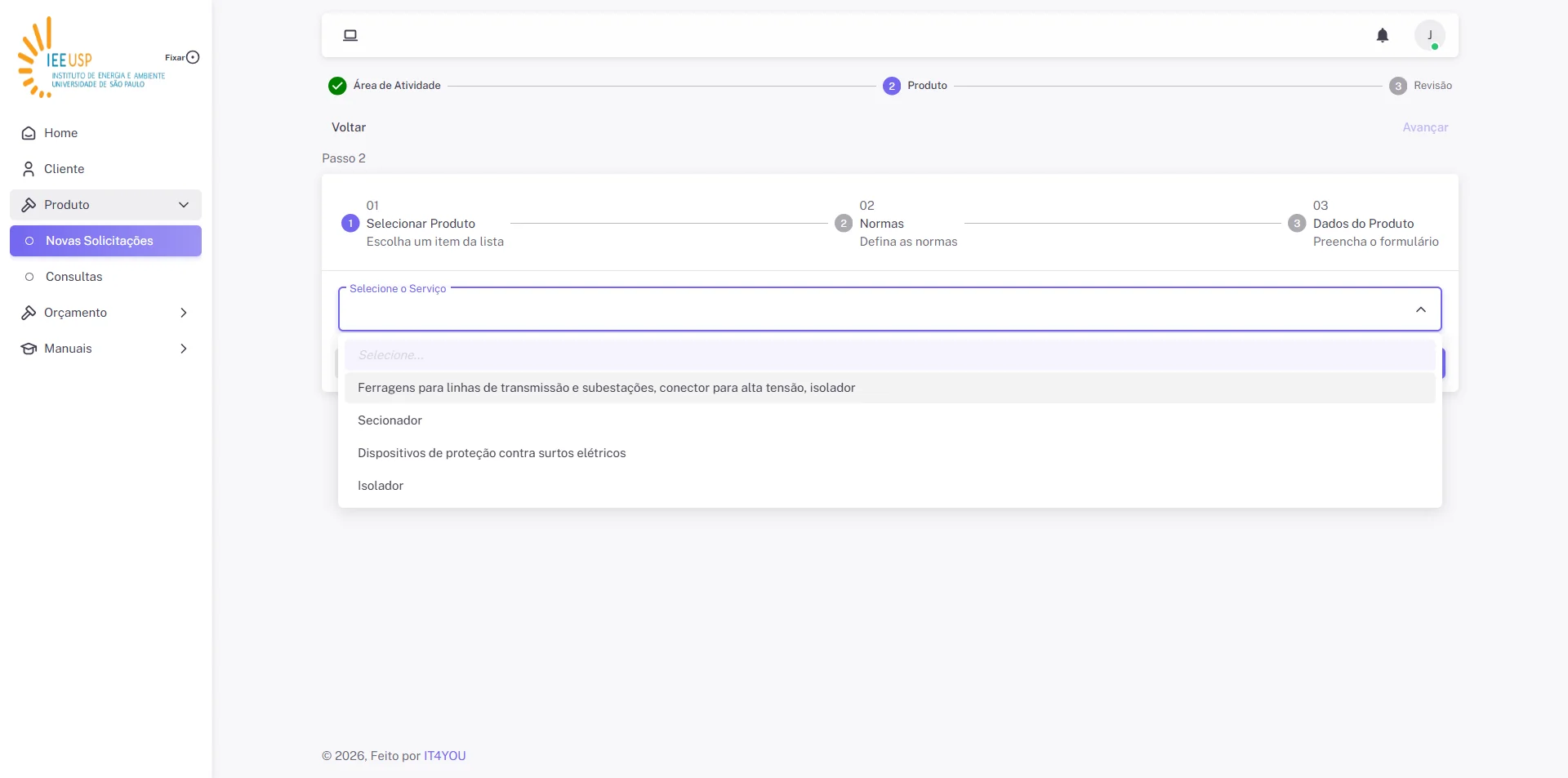 Screenshot showing Selecione o Produto