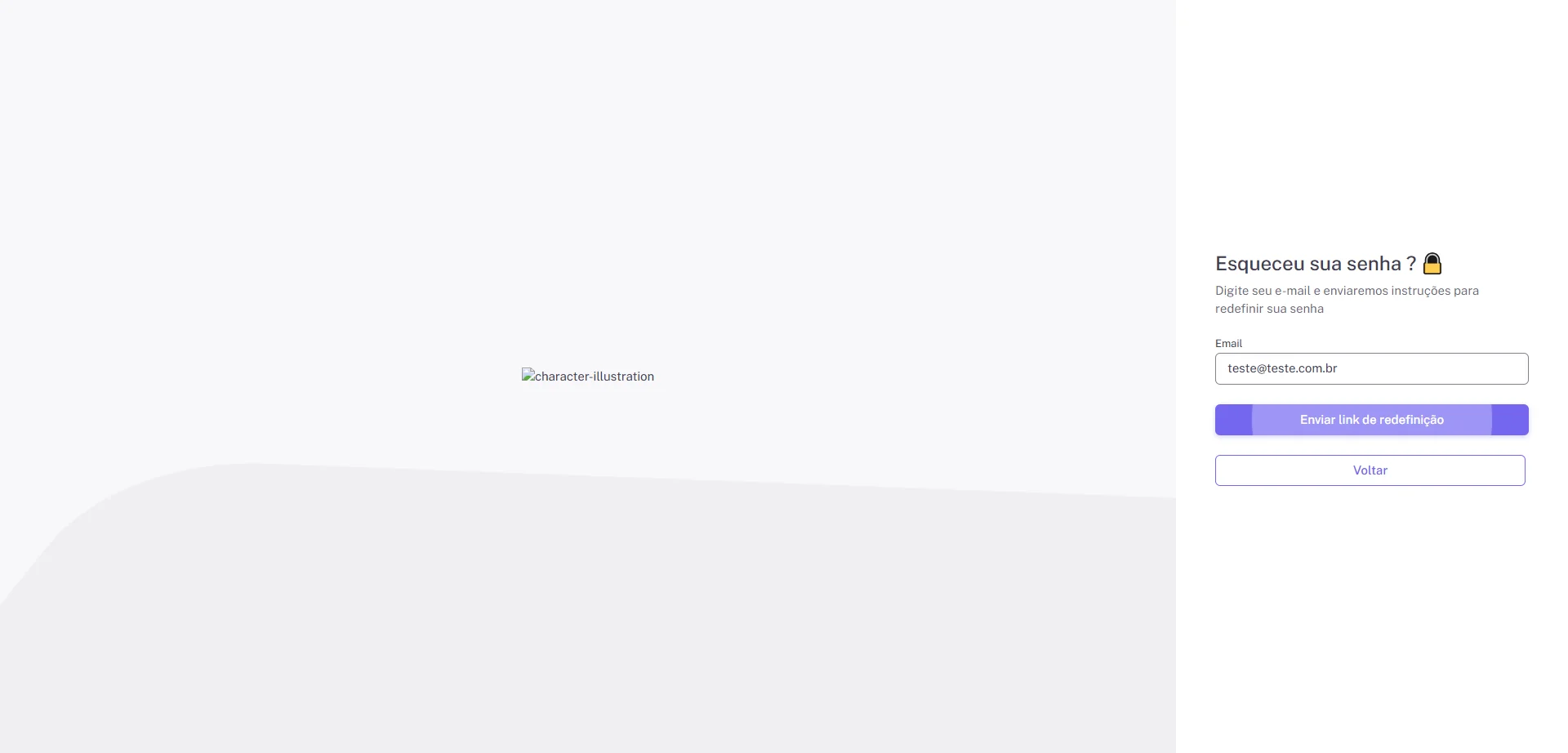 Screenshot showing Na tela de troca de senha, incluir seu e-mail de cadastro e clicar no botão "Enviar link de redefinição"