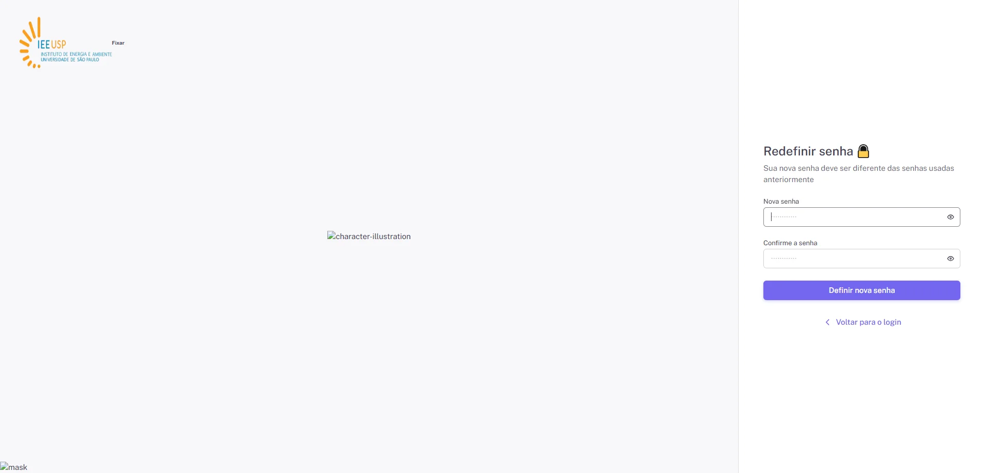 Screenshot showing Crie uma nova senha informando nos campos "Nova senha" e "Confirme a senha" a seguir clique no botão "Definir nova senha"