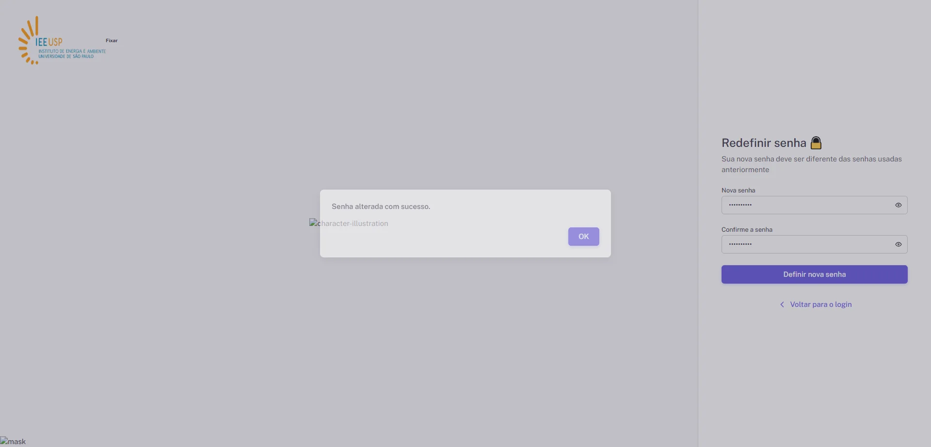 Screenshot showing Após a confirmação, receberá uma mensagem de confirmação da troca de senha