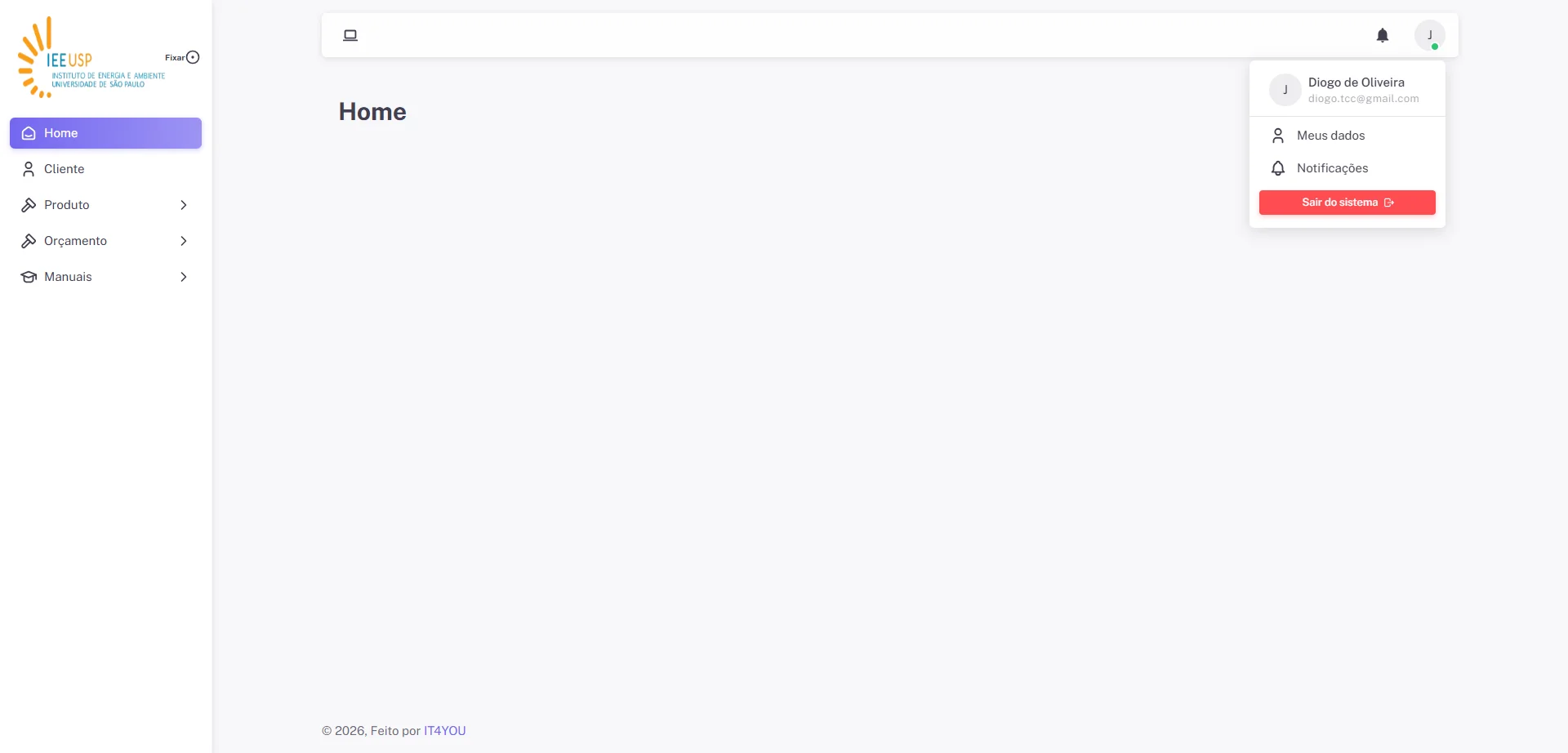 Screenshot showing Clique na gestão de usuário e no botão "Meus dados"