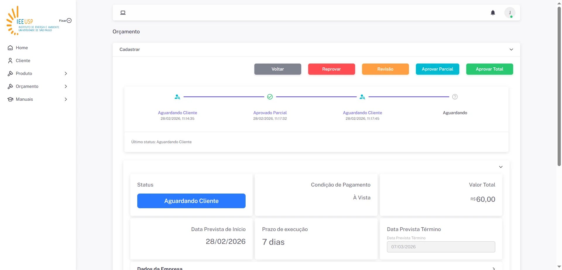 Screenshot showing Edite o Orçamento que deseja solicitar a Revisão